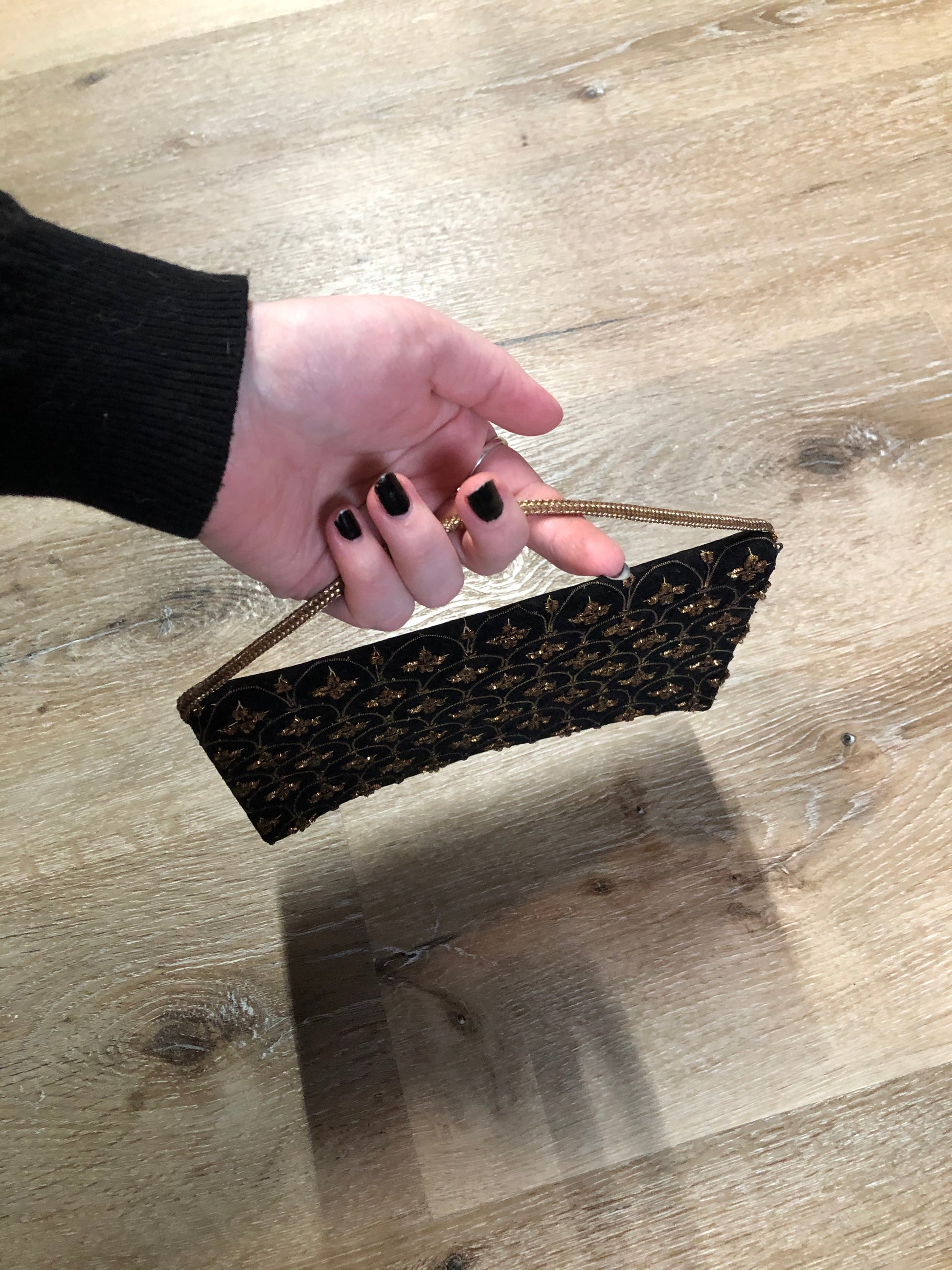 Kingspier Vintage - Handmade black velvet evening bag with gold beading and beaded hand strap on the back