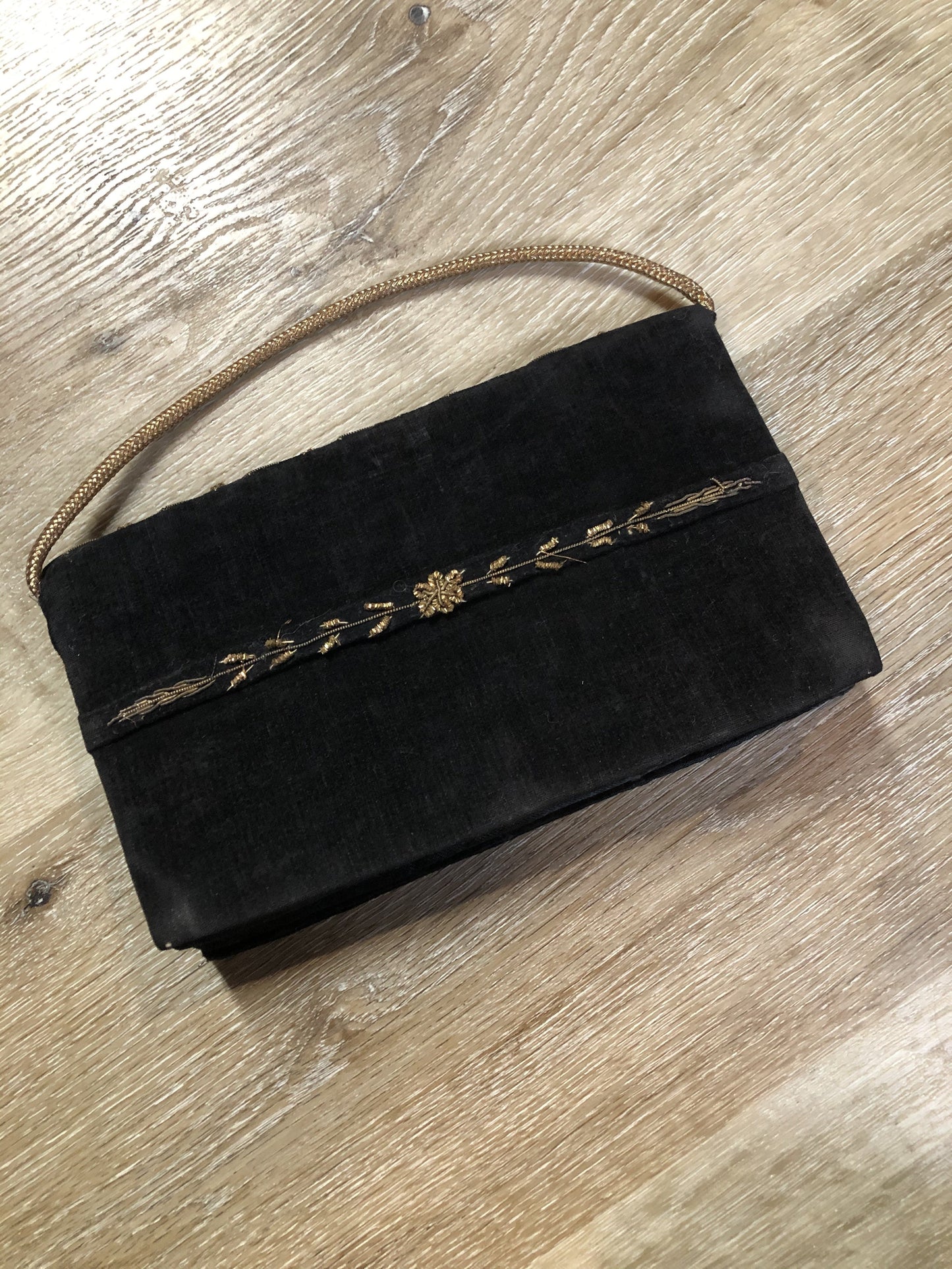 Kingspier Vintage - Handmade black velvet evening bag with gold beading and beaded hand strap on the back