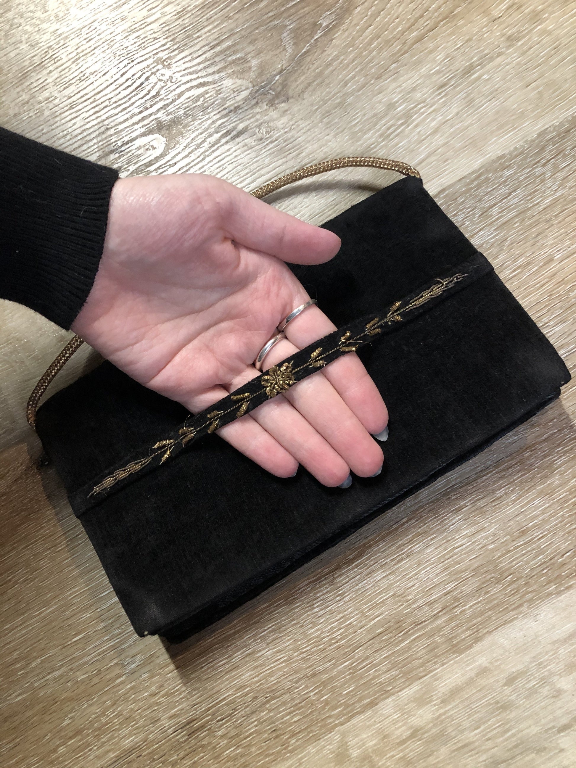 Kingspier Vintage - Handmade black velvet evening bag with gold beading and beaded hand strap on the back