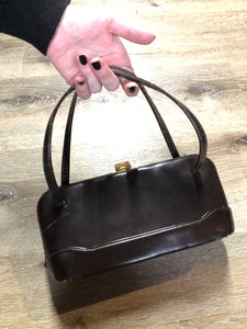 Kingspier Vintage - Dark brown smooth leather hard shell handbag with brass hardware and suede lining.