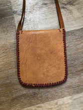 Load image into Gallery viewer, Kingspier Vintage - Small tan leather crossbody pouch with snap front closure, leather stitching and decorative tooling.

