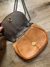 Load image into Gallery viewer, Kingspier Vintage - Banana Republic small light brown crossbody bag, lock detail, front flap with snap closure and adjustable chain strap.

