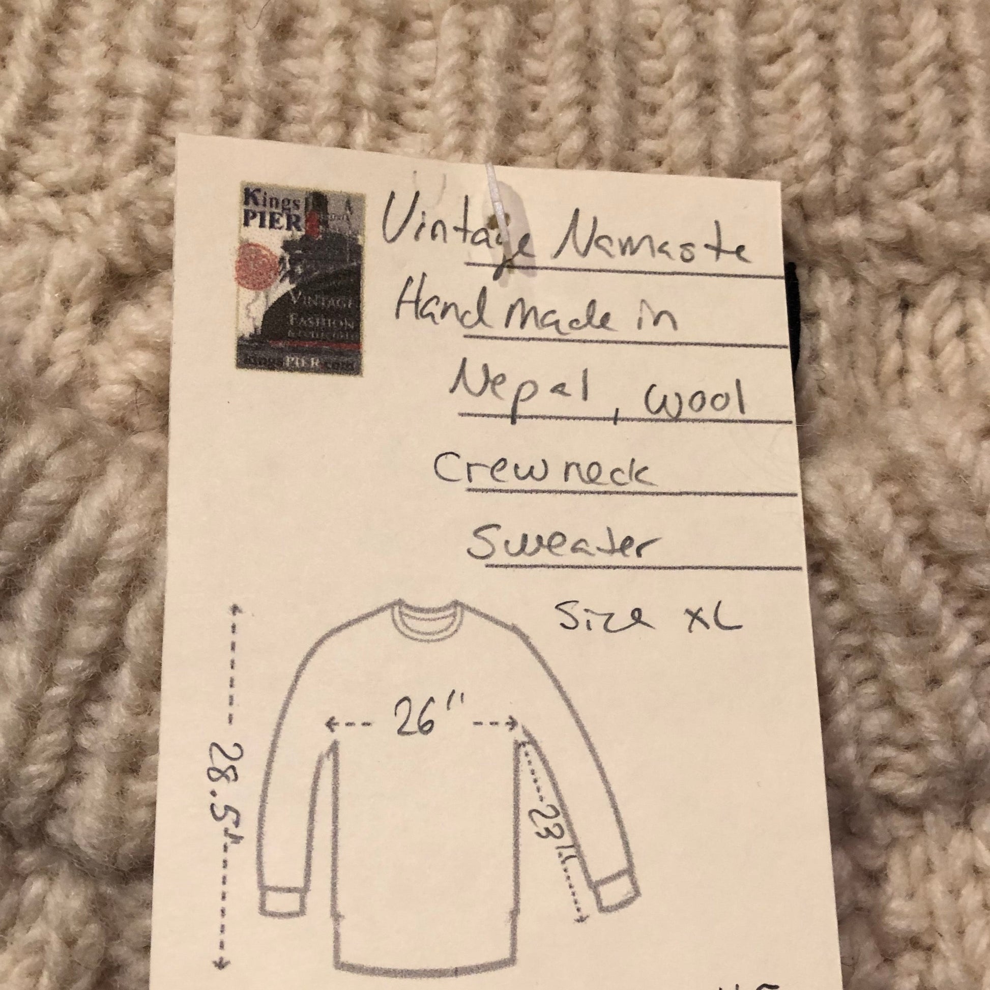Kingspier Vintage - Vintage Namaste hand crafted 100% wool crew neck sweater
Made in Nepal.
Size XL.