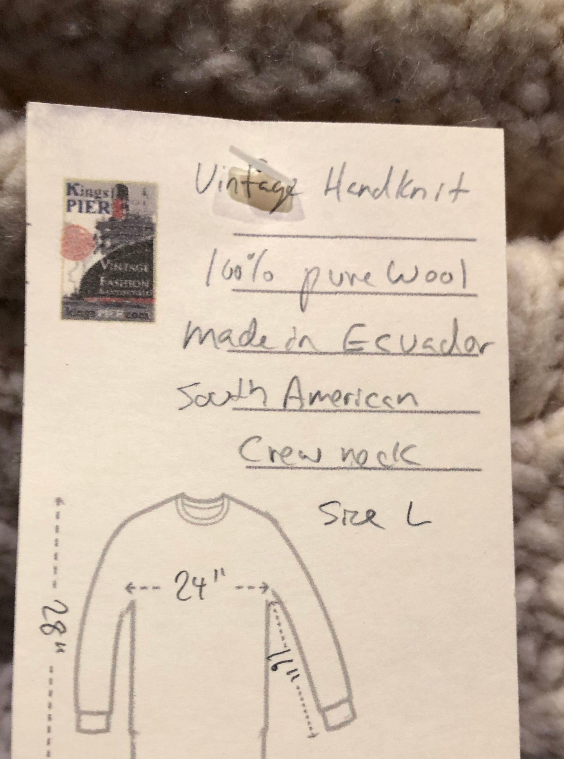 Kingspier Vintage - Vintage C.C.H Imports hand-knit 100% pure wool cream coloured crewneck sweater.
Made in Ecuador.
Size large.