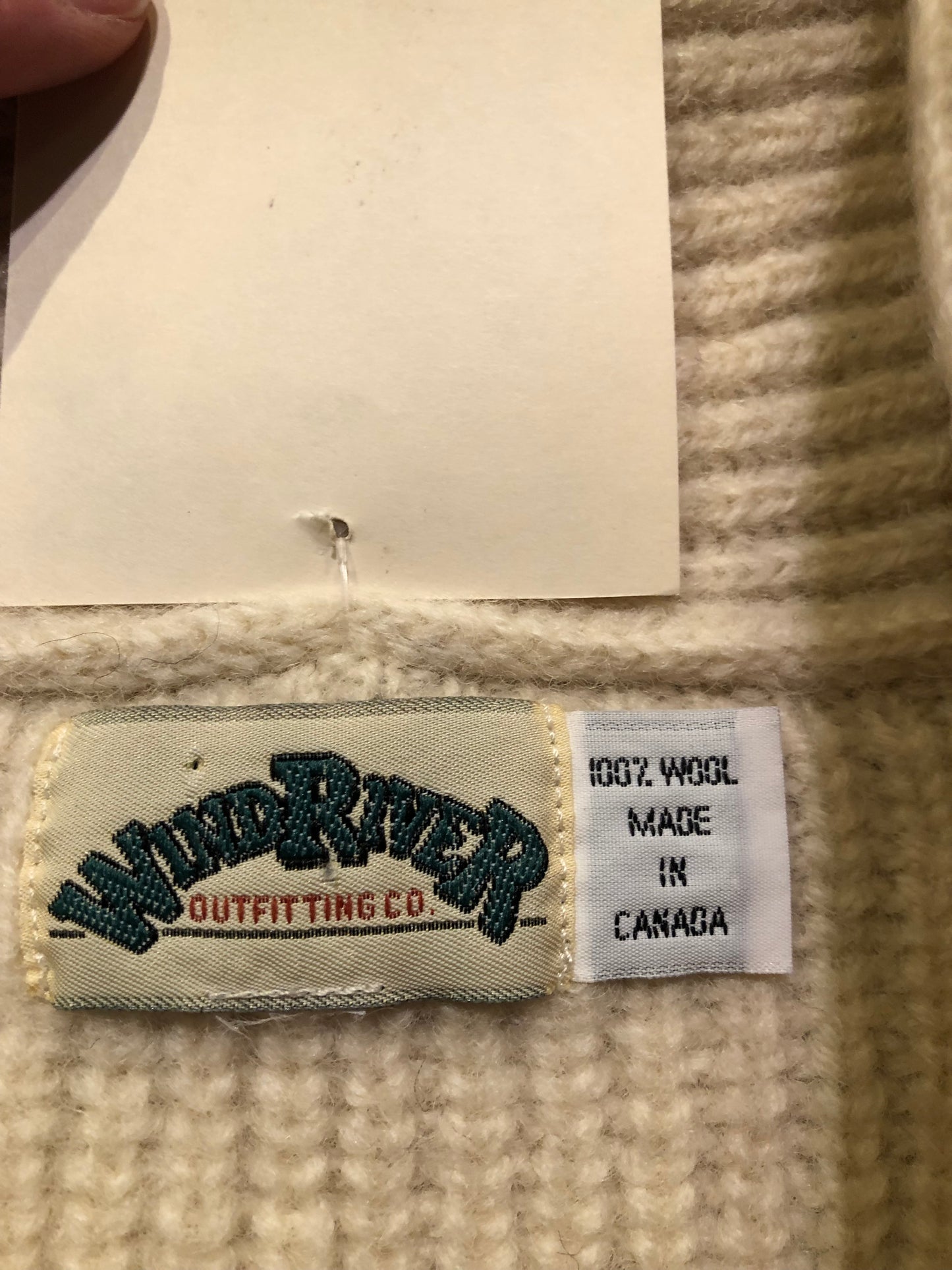 Kingspier Vintage - Vintage Wind River Outfitting Co.
Cream coloured 100% wool sweater with rib knit stitch and shawl collar.
Made in Canada.
Size large.