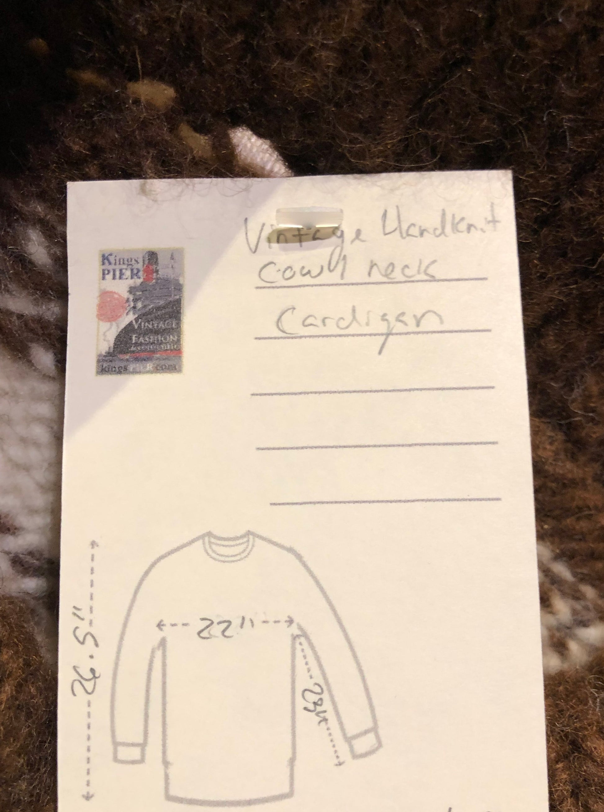 Kingspier Vintage - Vintage hand-knit cowl neck cardigan with brown and cream design.
Size medium/ large.