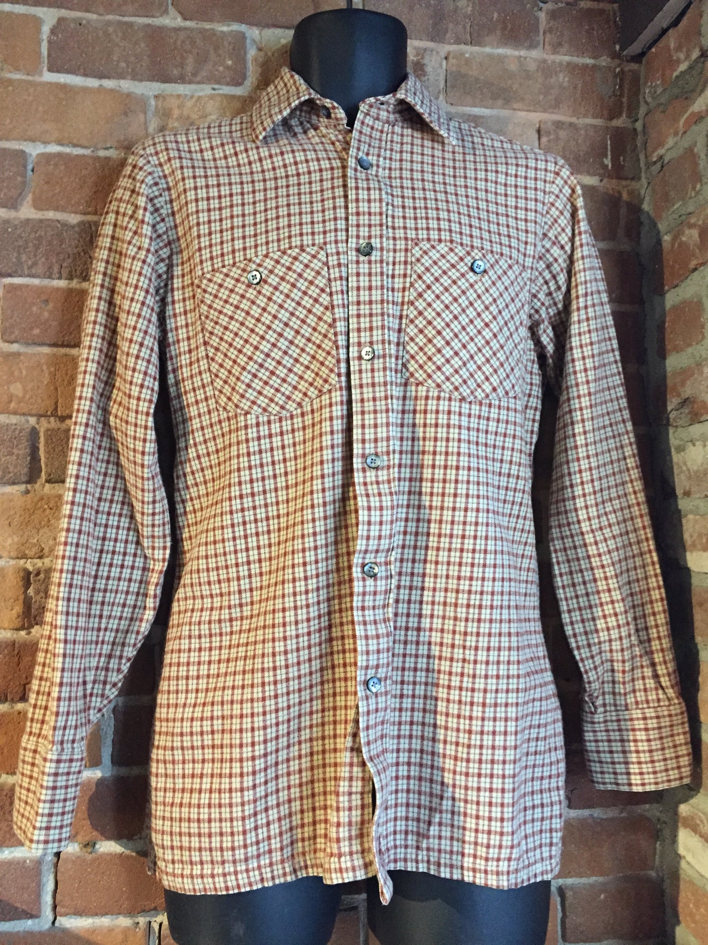 Kingspier Vintage - Pierre Cardin beige and red check patterned button up shirt. Mens size small.