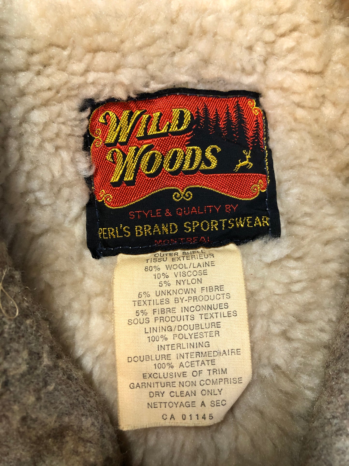Kingspier Vintage - Wild Woods grey wool duffle coat with wooden toggles and zip closures, patch pockets, Sherpa and quilted lining. Made in Canada.