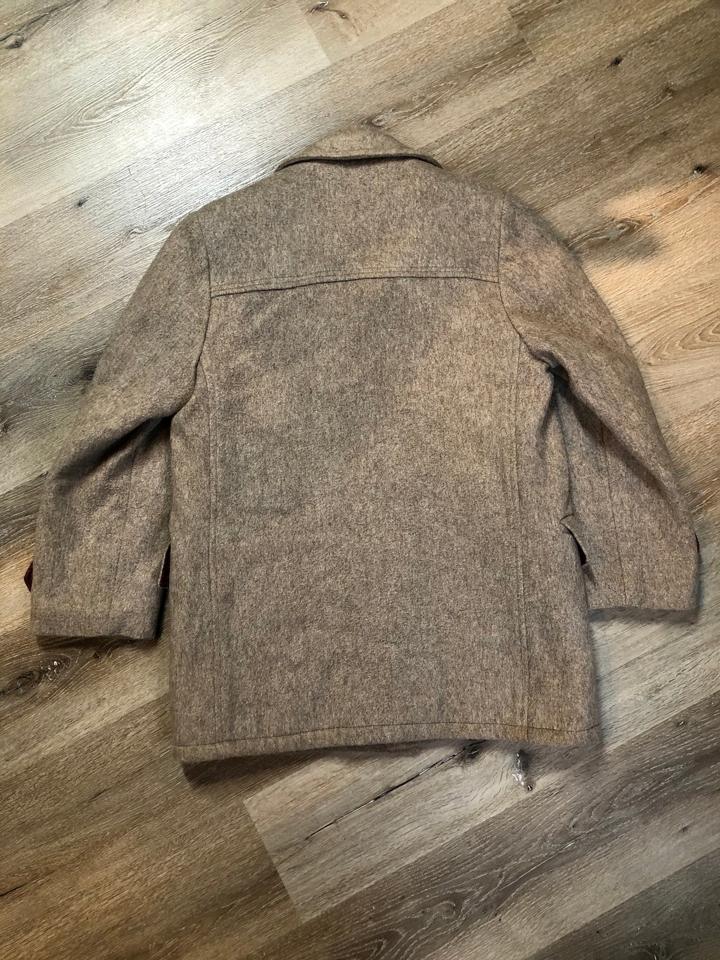 Kingspier Vintage - Wild Woods grey wool duffle coat with wooden toggles and zip closures, patch pockets, Sherpa and quilted lining. Made in Canada.