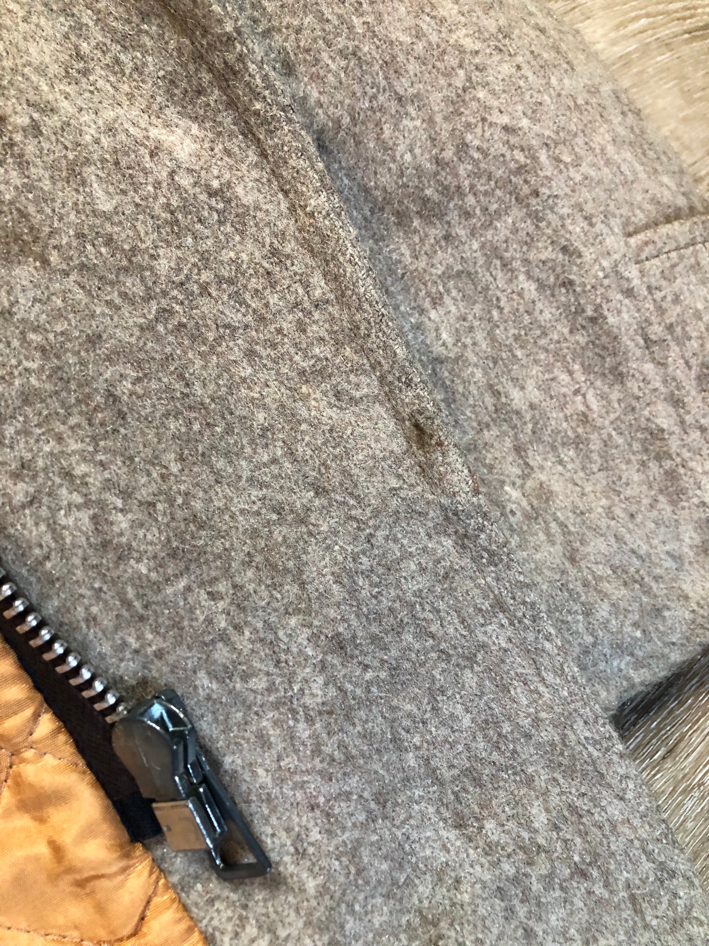 Kingspier Vintage - Wild Woods grey wool duffle coat with wooden toggles and zip closures, patch pockets, Sherpa and quilted lining. Made in Canada.