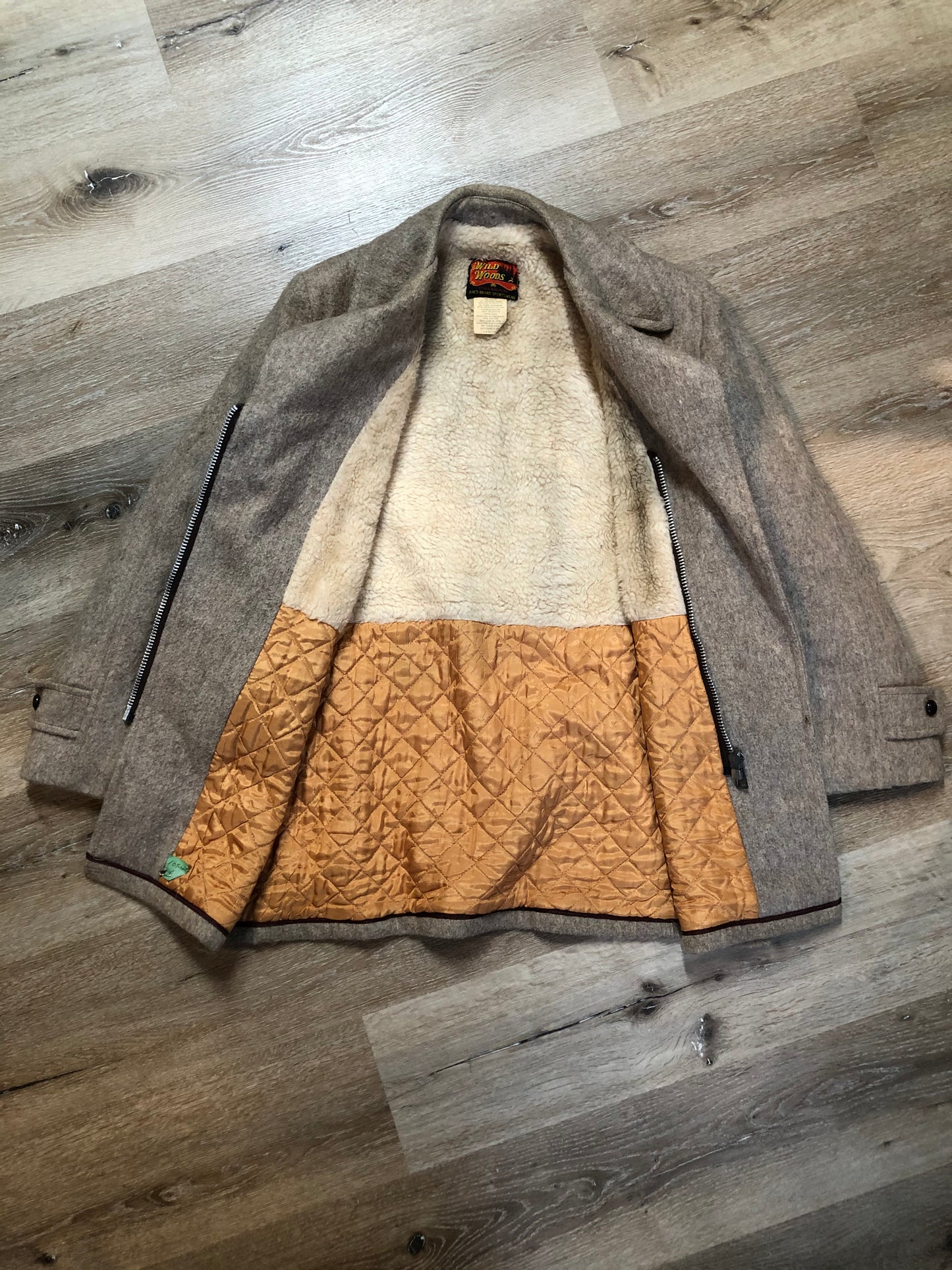 Kingspier Vintage - Wild Woods grey wool duffle coat with wooden toggles and zip closures, patch pockets, Sherpa and quilted lining. Made in Canada.
