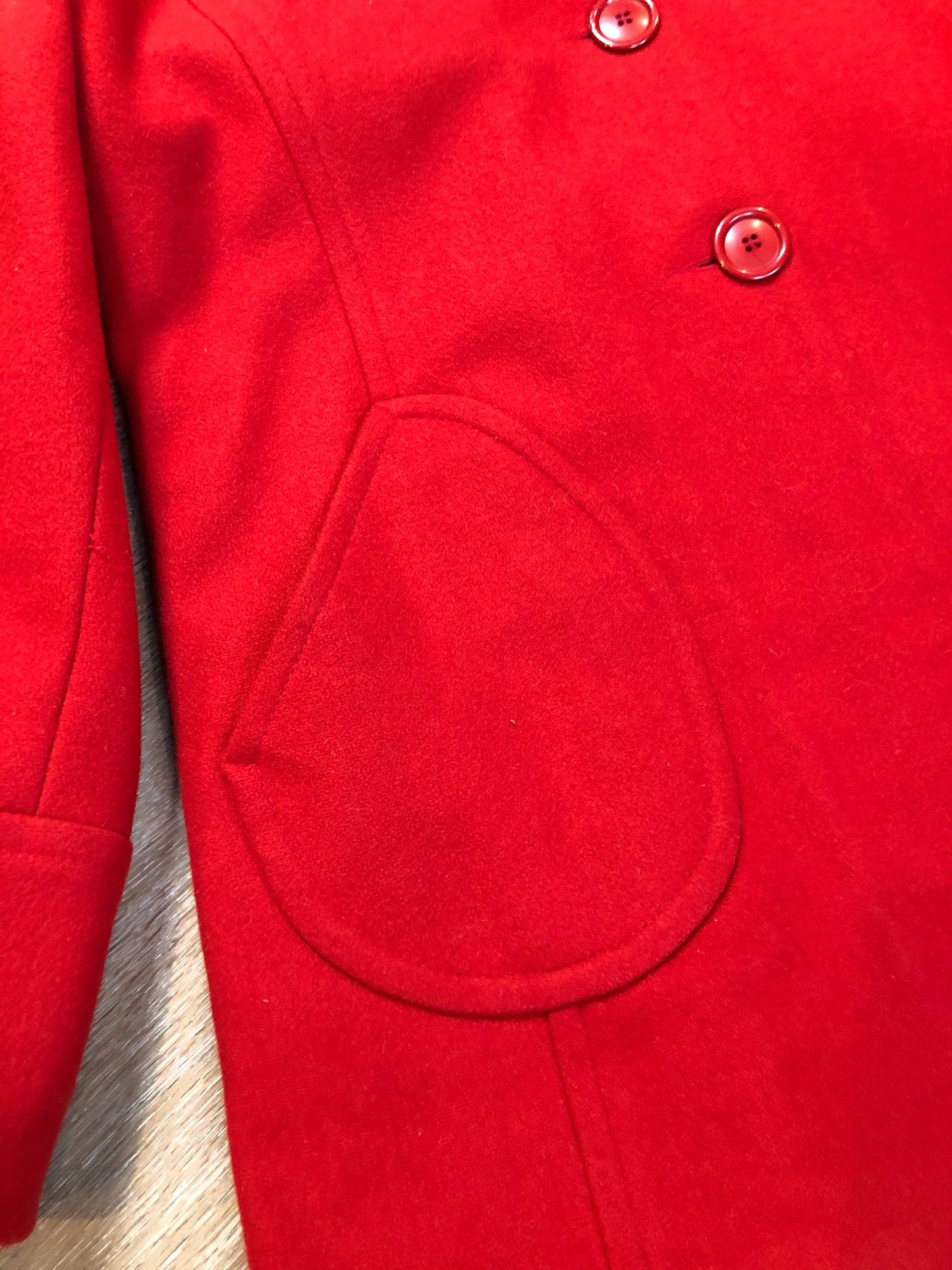 Kingspier Vintage - Jessica wool blend car coat in red with large buttons and patch pockets. Made in Canada. Size 18.