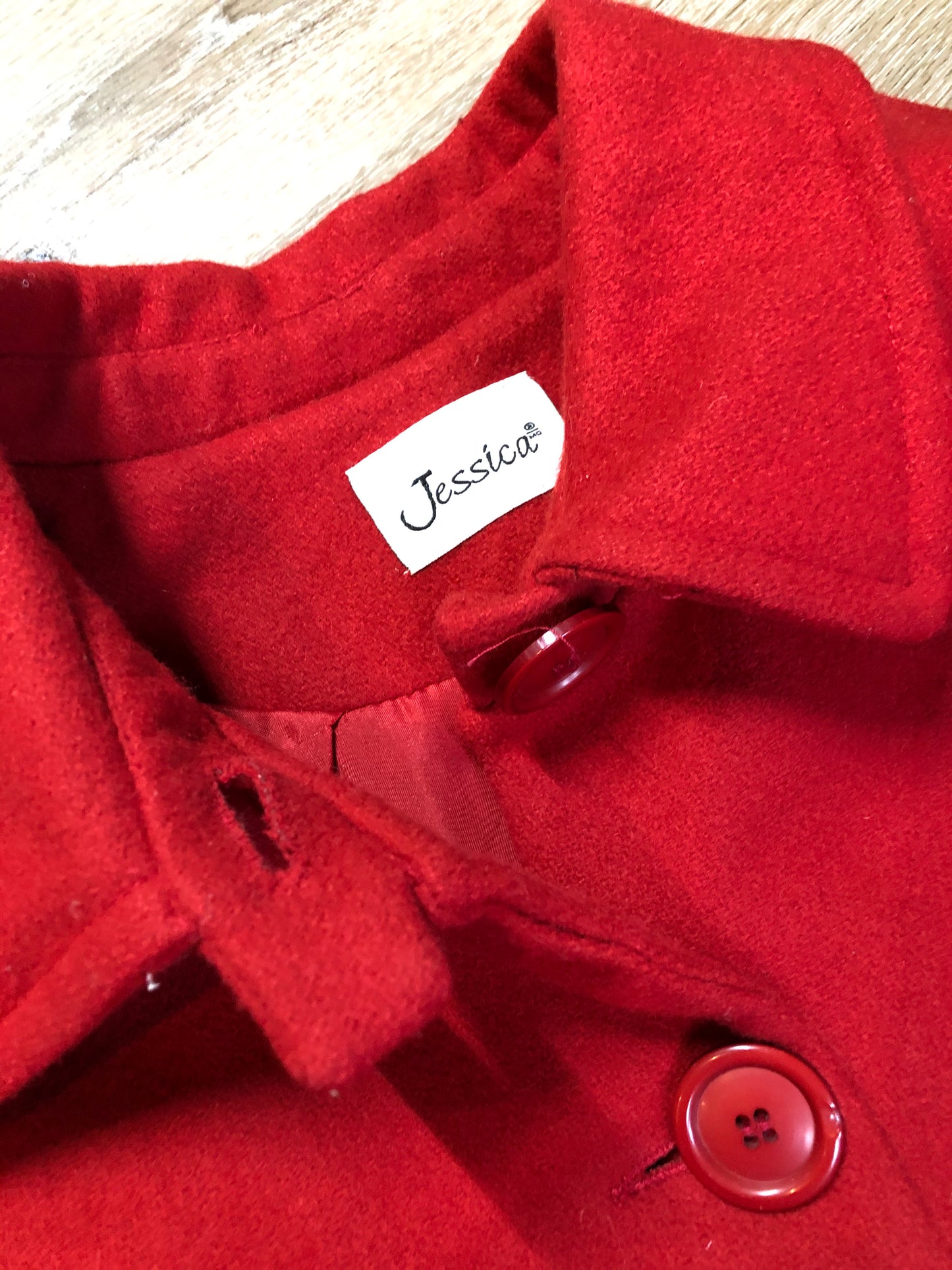 Kingspier Vintage - Jessica wool blend car coat in red with large buttons and patch pockets. Made in Canada. Size 18.