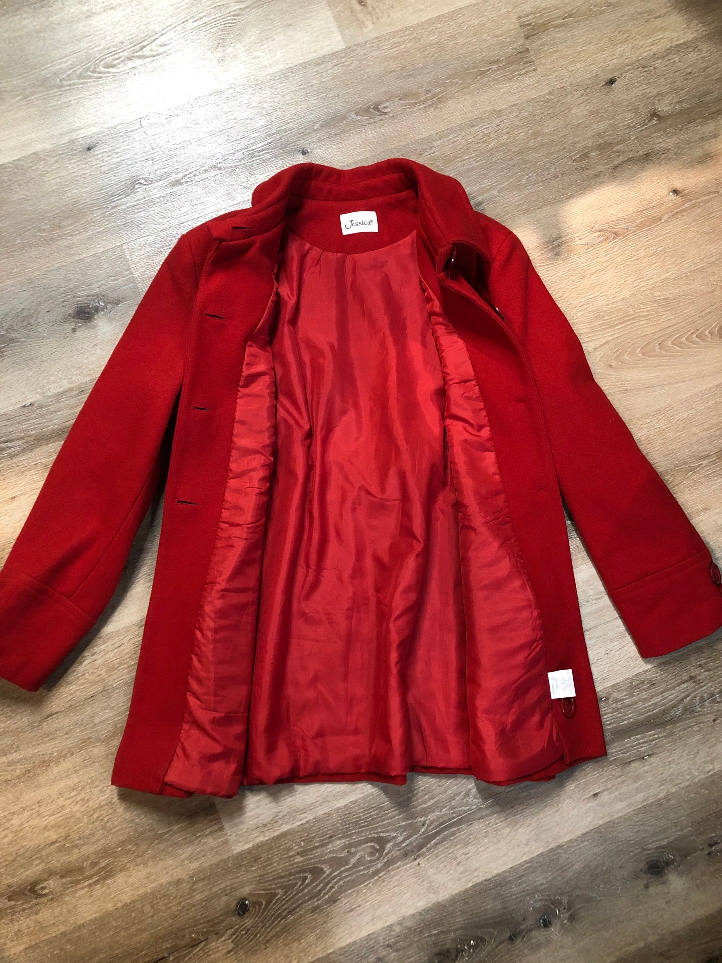 Kingspier Vintage - Jessica wool blend car coat in red with large buttons and patch pockets. Made in Canada. Size 18.