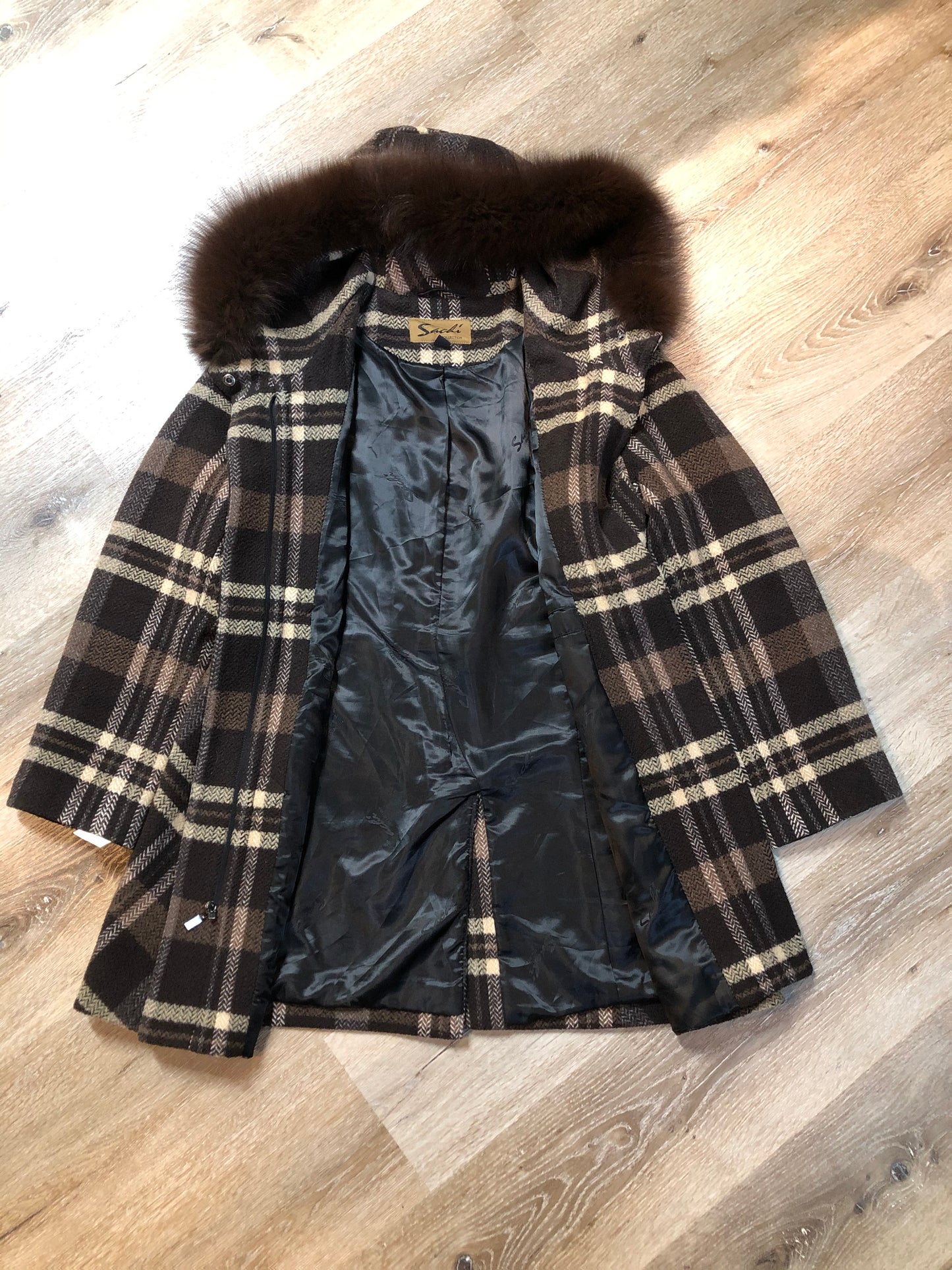Kingspier Vintage - Sachi brown plaid wool blend duffle coat with dark brown Finnish fox fur trimmed hood, toggle and zip closures and vertical pockets. Size small/ medium.