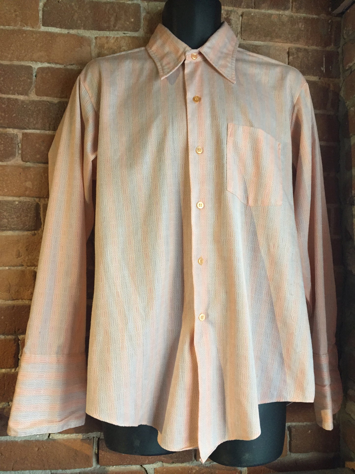 Kingspier Vintage - Pariani pink, orange, grey diamond and stripe pattern button up Tuxedo shirt. Mens size large.