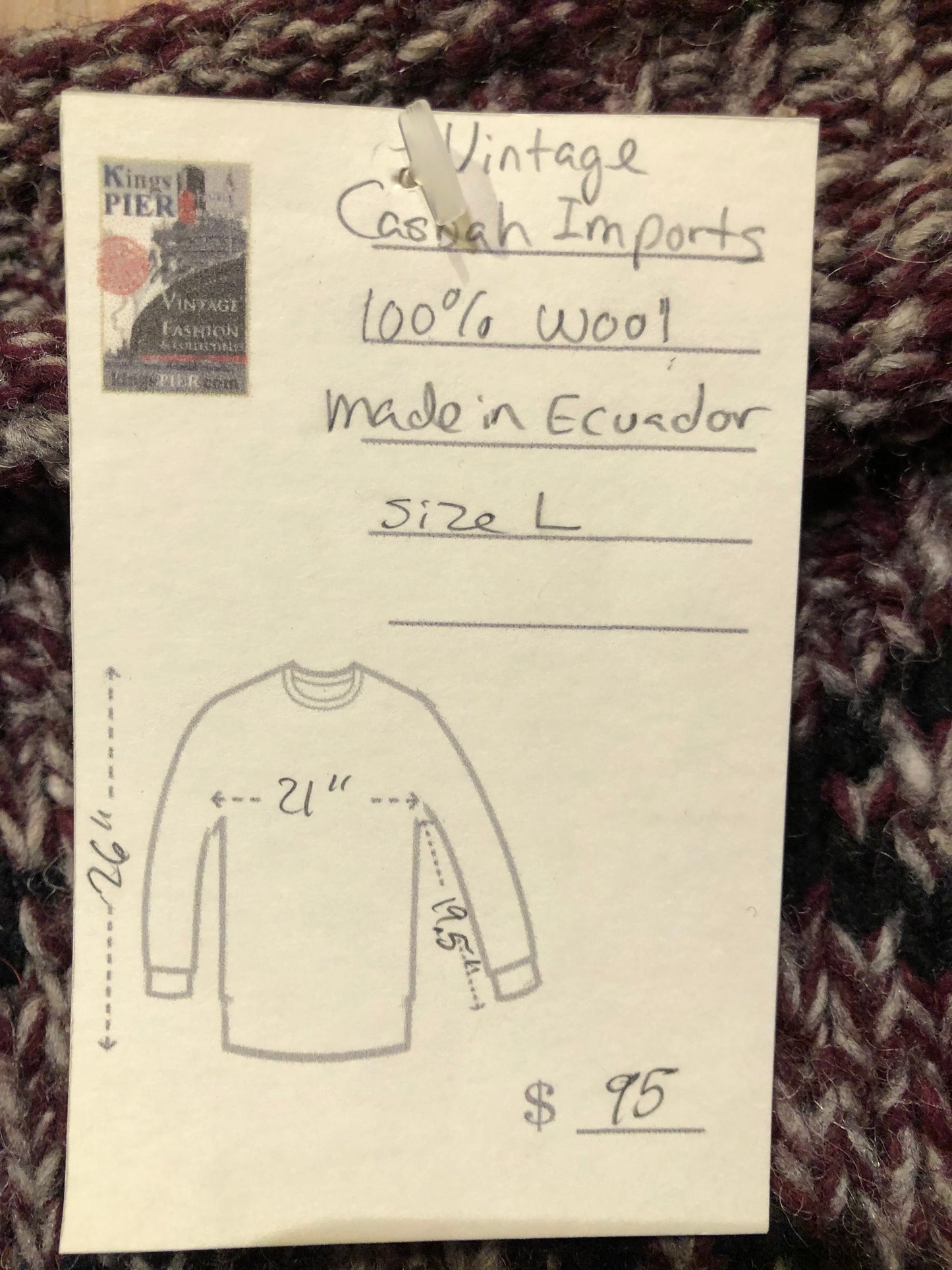 Kingspier Vintage - Vintage Casbah Imports 100% wool crewneck sweater in burgundy, black and grey design.
Made in Ecuador.
Size large.