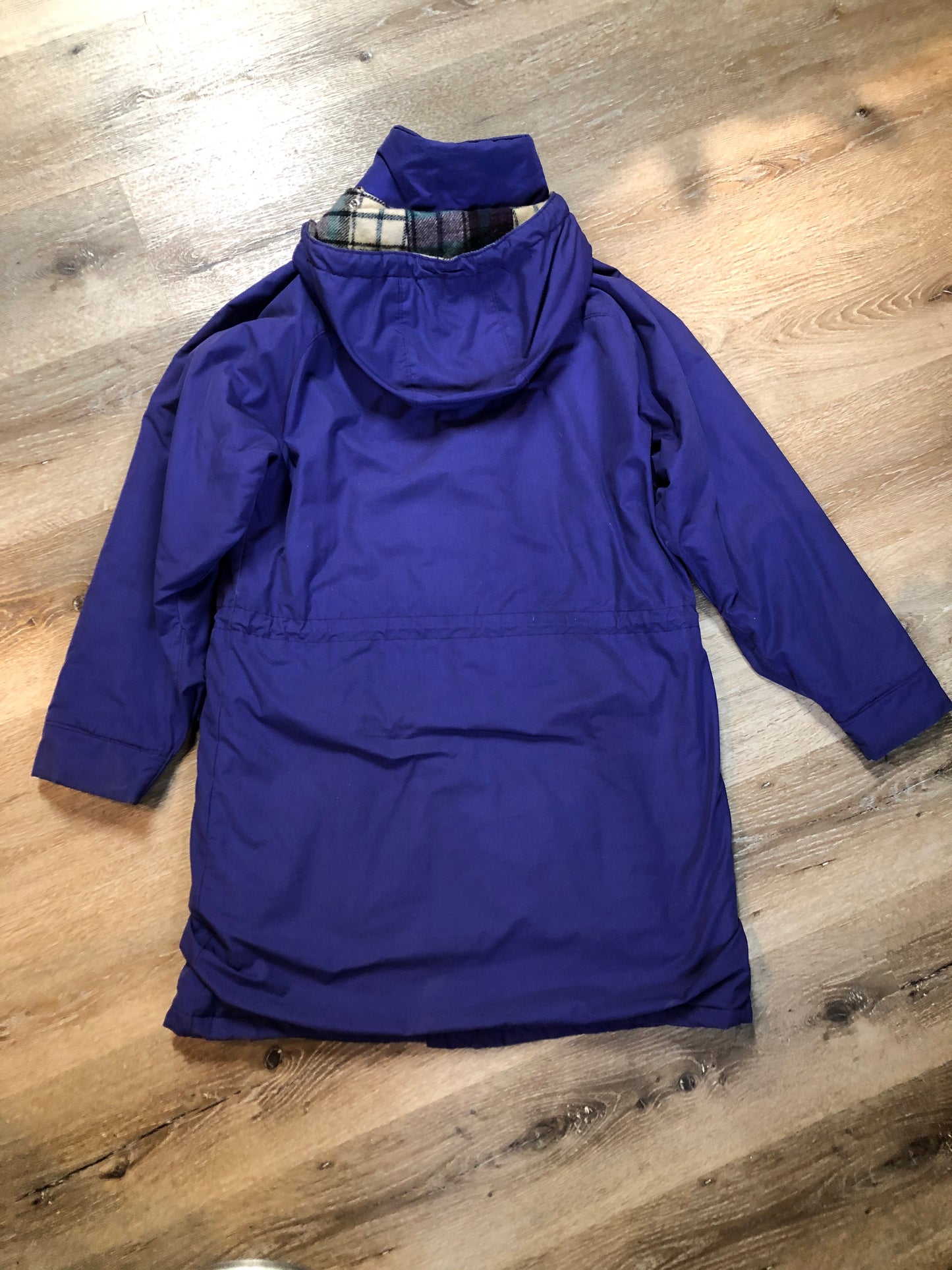 Kingspier Vintage - LL Bean purple casual coat with plaid lining, snap and zip closures, flap pockets, drawstring at the waist and detachable hood. Size medium.