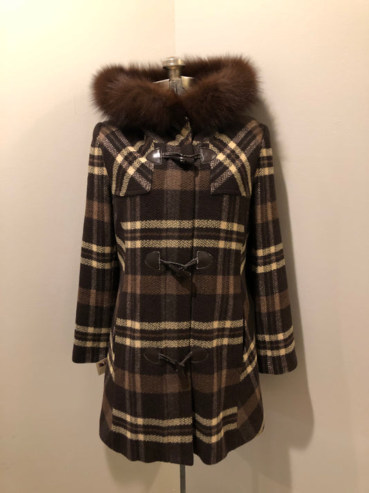 Kingspier Vintage - Sachi brown plaid wool blend duffle coat with dark brown Finnish fox fur trimmed hood, toggle and zip closures and vertical pockets. Size small/ medium.
