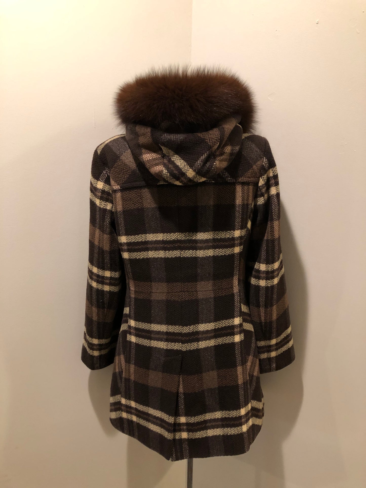 Kingspier Vintage - Sachi brown plaid wool blend duffle coat with dark brown Finnish fox fur trimmed hood, toggle and zip closures and vertical pockets. Size small/ medium.