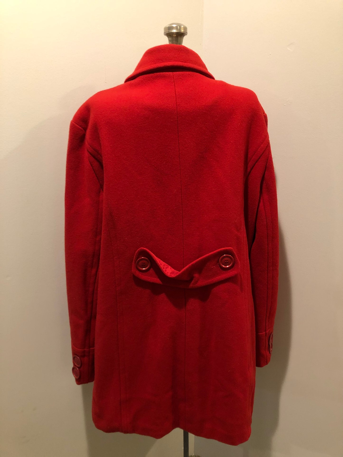 Kingspier Vintage - Jessica wool blend car coat in red with large buttons and patch pockets. Made in Canada. Size 18.