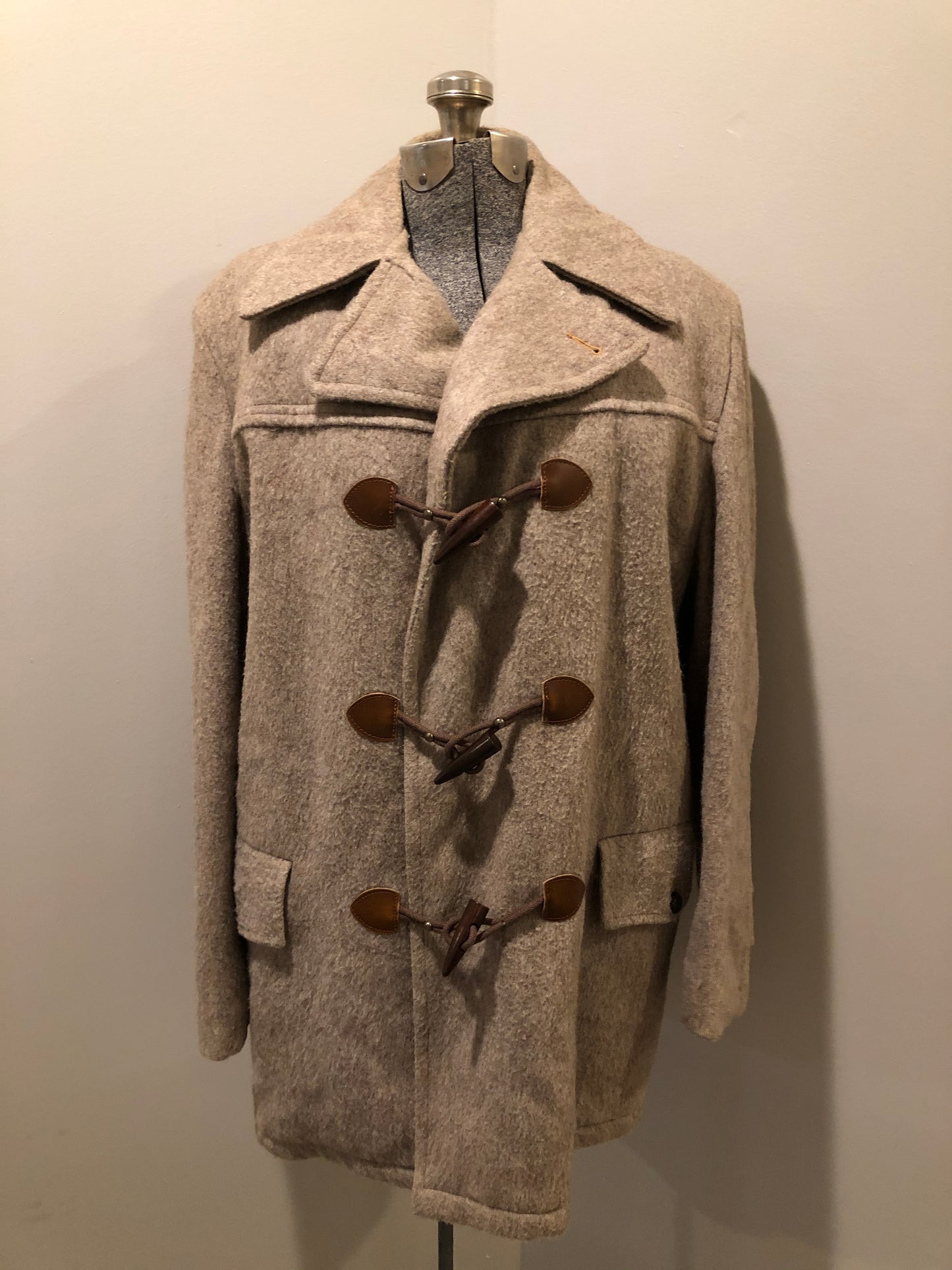 Kingspier Vintage - Wild Woods grey wool duffle coat with wooden toggles and zip closures, patch pockets, Sherpa and quilted lining. Made in Canada.