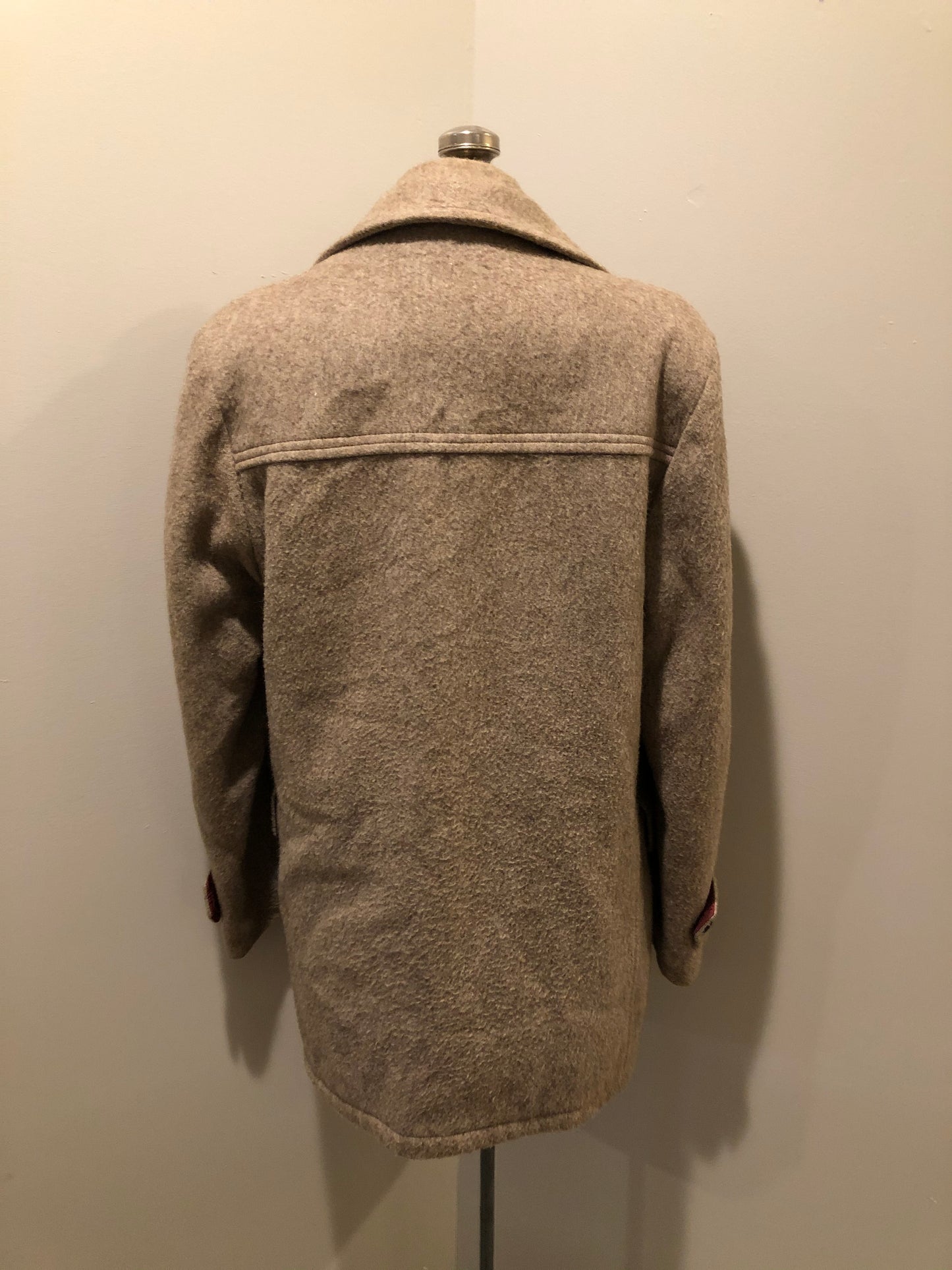Kingspier Vintage - Wild Woods grey wool duffle coat with wooden toggles and zip closures, patch pockets, Sherpa and quilted lining. Made in Canada.