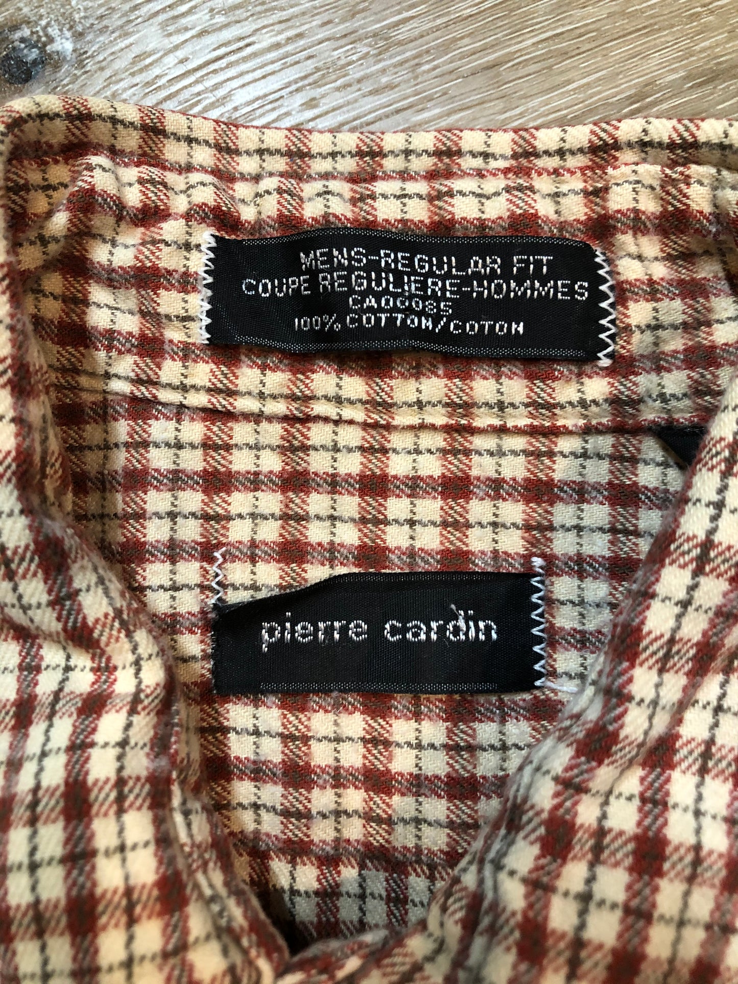 Kingspier Vintage - Pierre Cardin beige and red check patterned button up shirt. Mens size small.