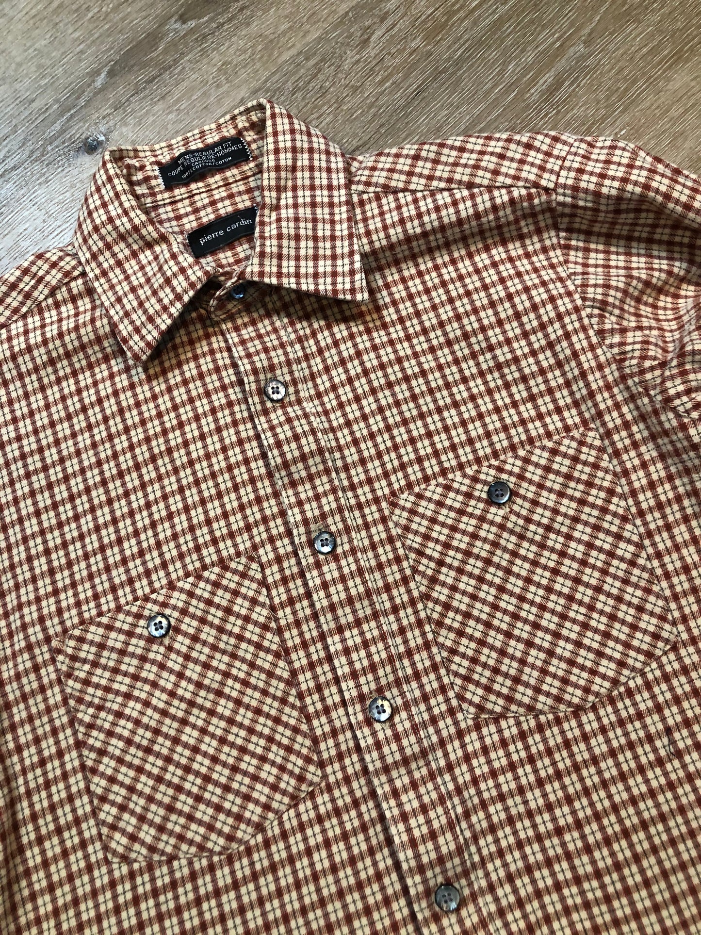 Kingspier Vintage - Pierre Cardin beige and red check patterned button up shirt. Mens size small.