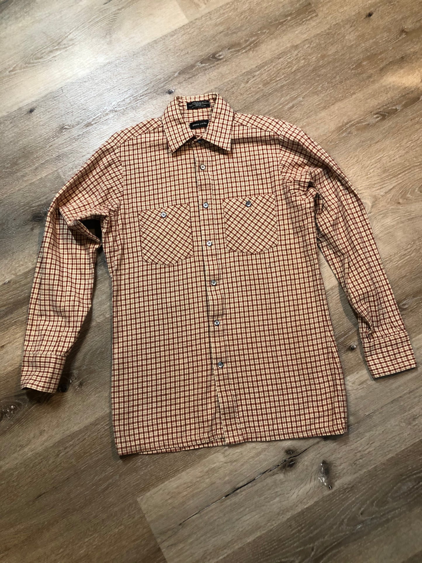 Kingspier Vintage - Pierre Cardin beige and red check patterned button up shirt. Mens size small.