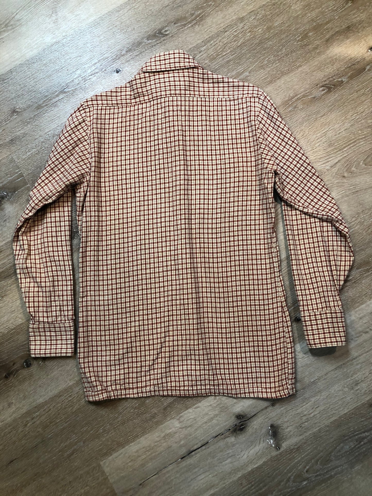 Kingspier Vintage - Pierre Cardin beige and red check patterned button up shirt. Mens size small.