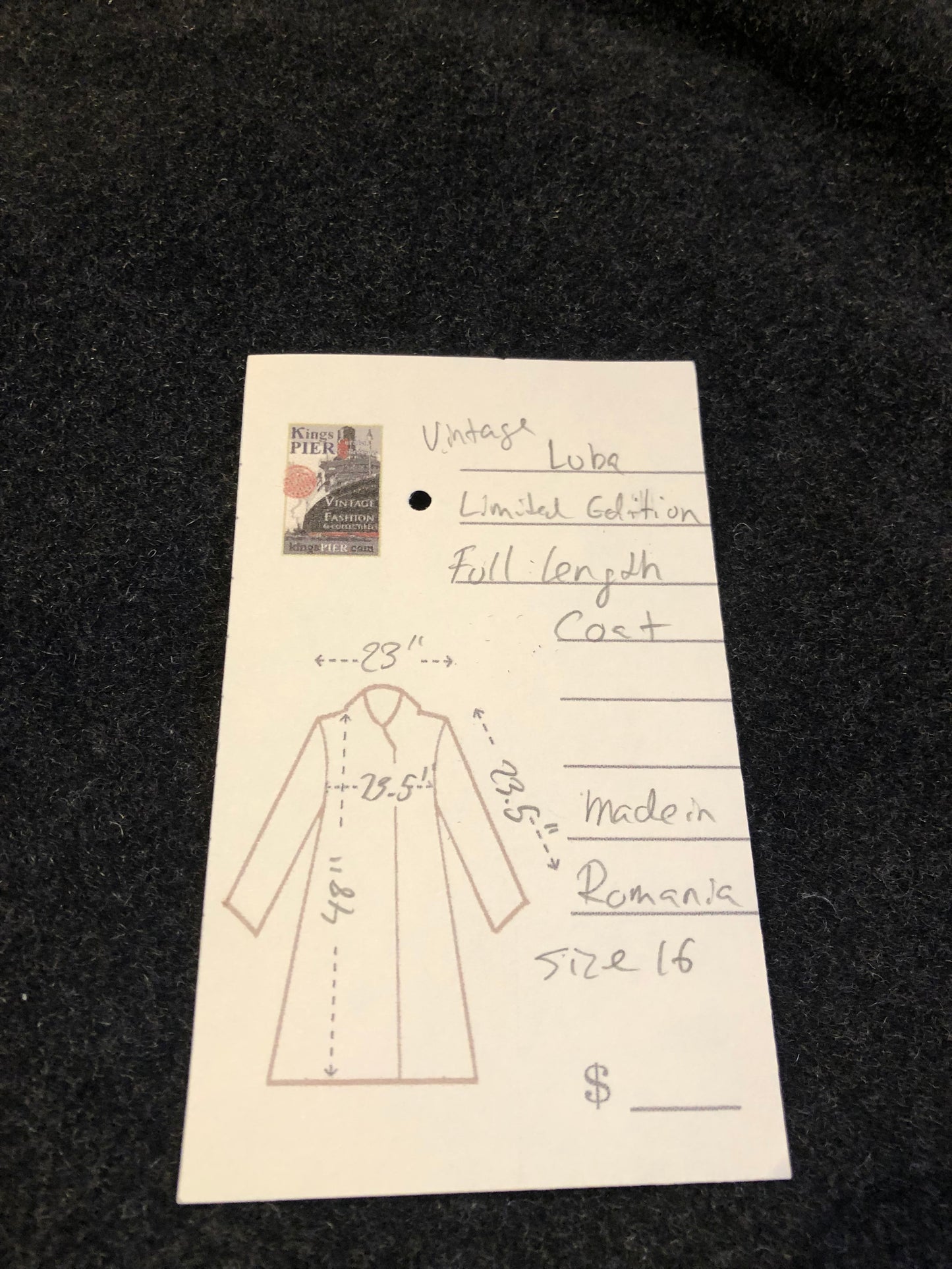 Kingspier Vintage - Vintage Luba limited edition lambswool blend long black coat with woven detail on the front, button closures, two pockets in the front and a satin lining.
Made in Romania.
Size 16.