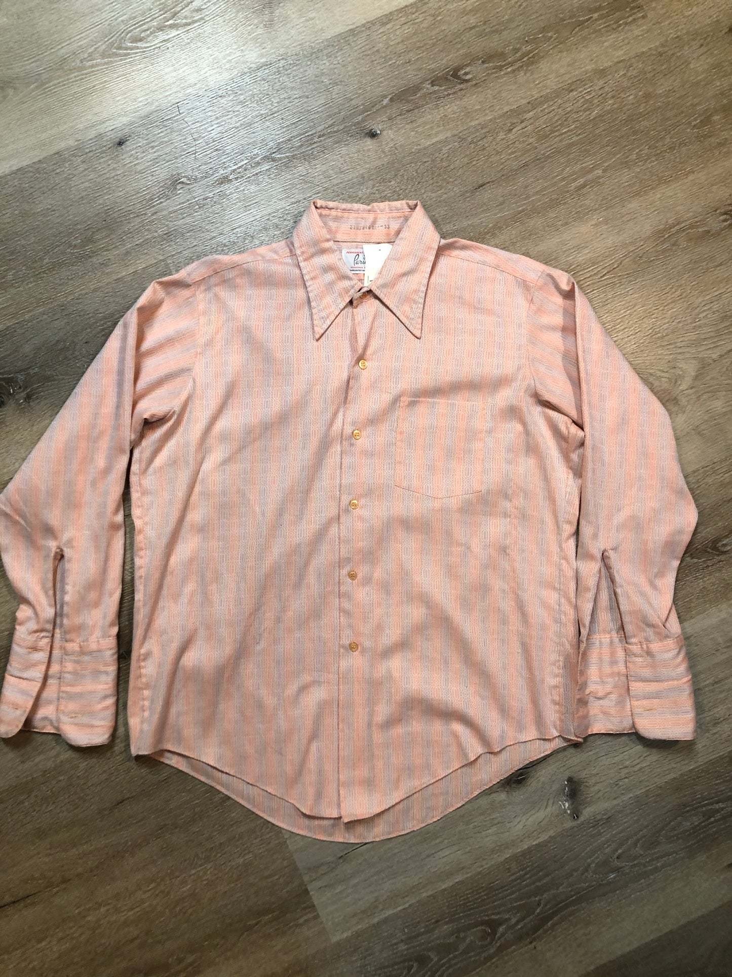 Kingspier Vintage - Pariani pink, orange, grey diamond and stripe pattern button up Tuxedo shirt. Mens size large.