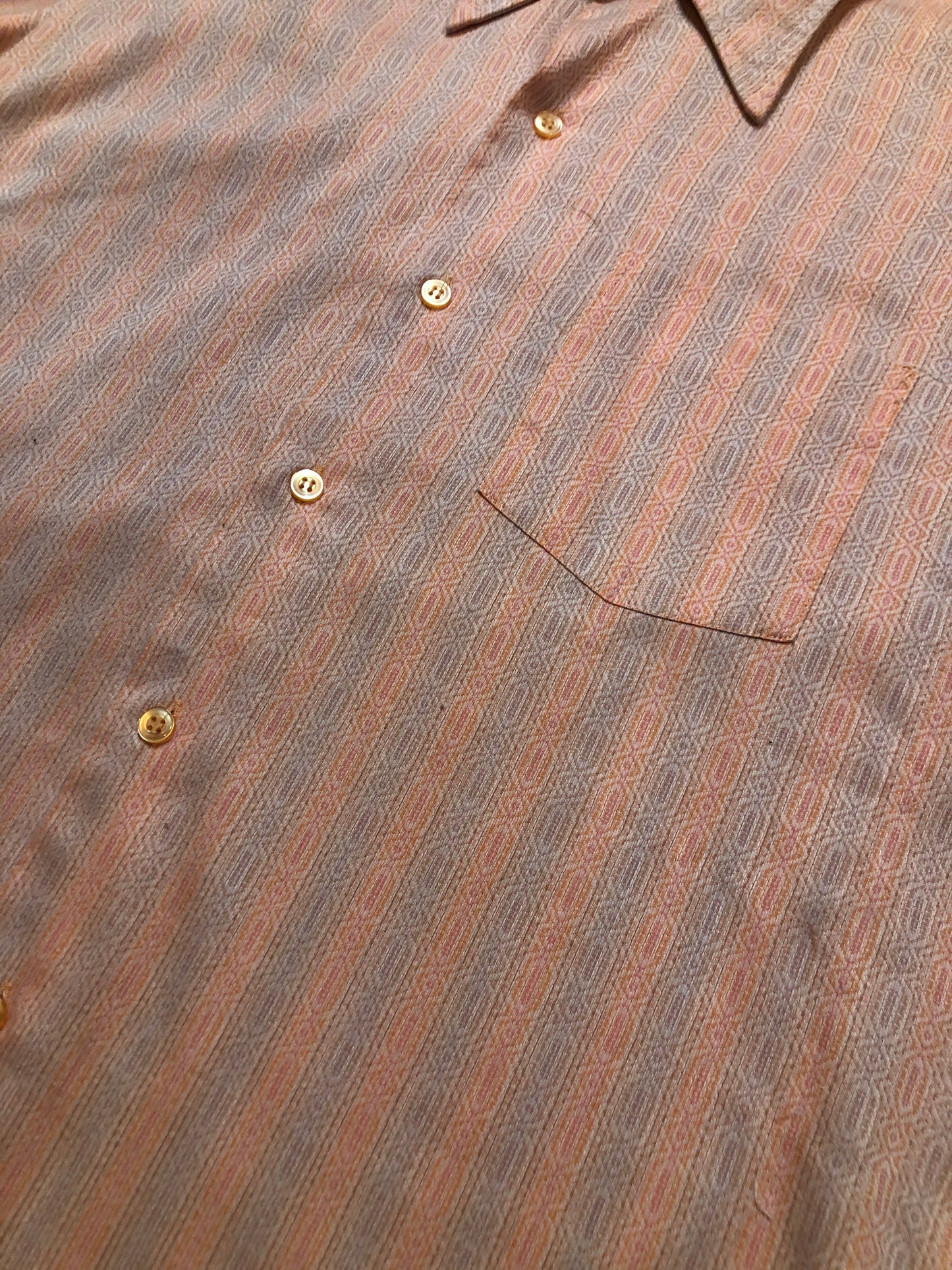 Kingspier Vintage - Pariani pink, orange, grey diamond and stripe pattern button up Tuxedo shirt. Mens size large.