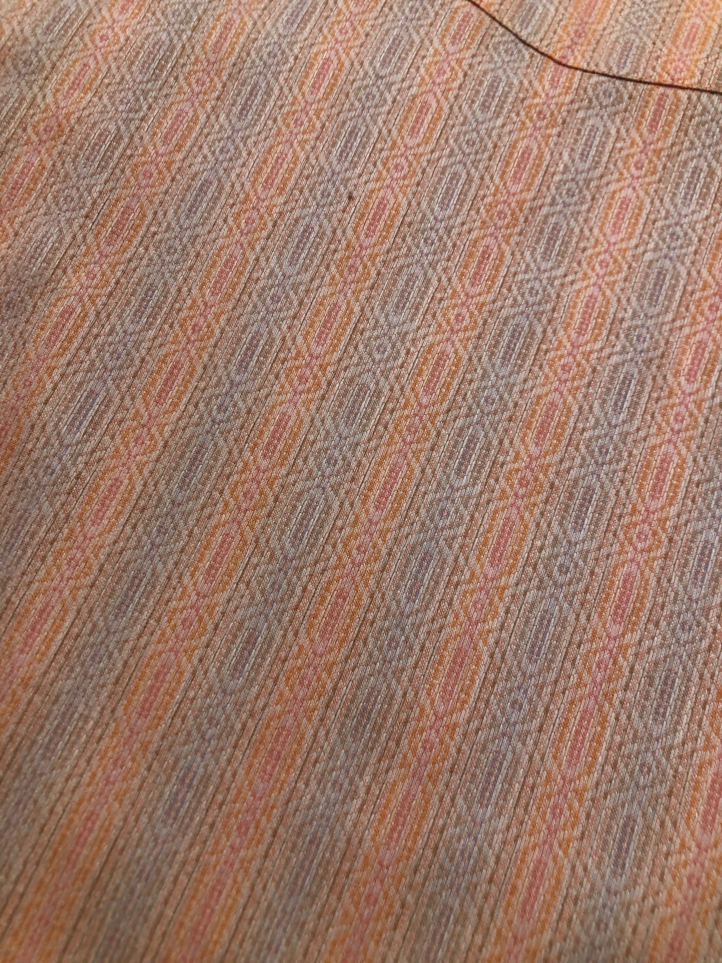 Kingspier Vintage - Pariani pink, orange, grey diamond and stripe pattern button up Tuxedo shirt. Mens size large.