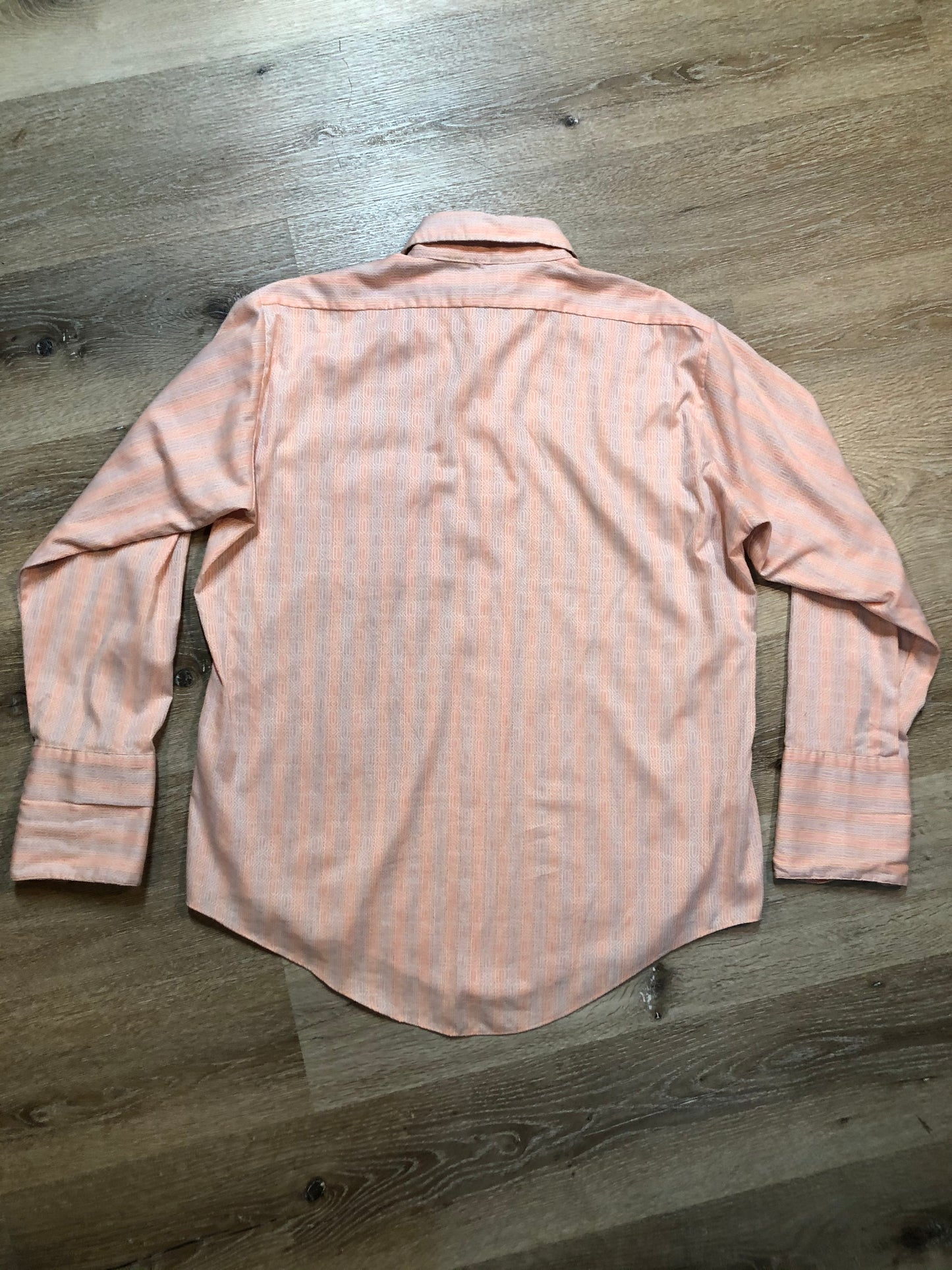 Kingspier Vintage - Pariani pink, orange, grey diamond and stripe pattern button up Tuxedo shirt. Mens size large.