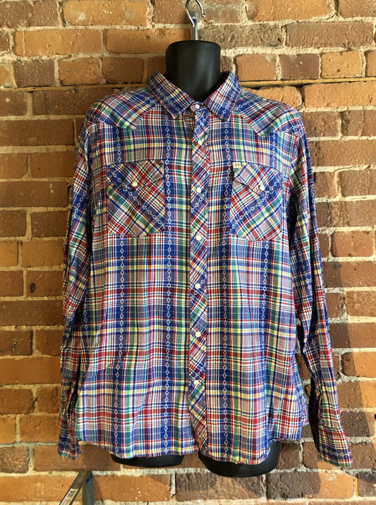 Kingspier Vintage - Salt Valley western style button up shirt with snap closures in blue, red, green and yellow plaid. Size XL mens.