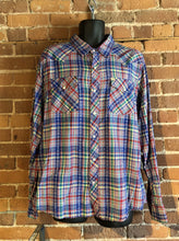 Load image into Gallery viewer, Kingspier Vintage - Salt Valley western style button up shirt with snap closures in blue, red, green and yellow plaid. Size XL mens. 
