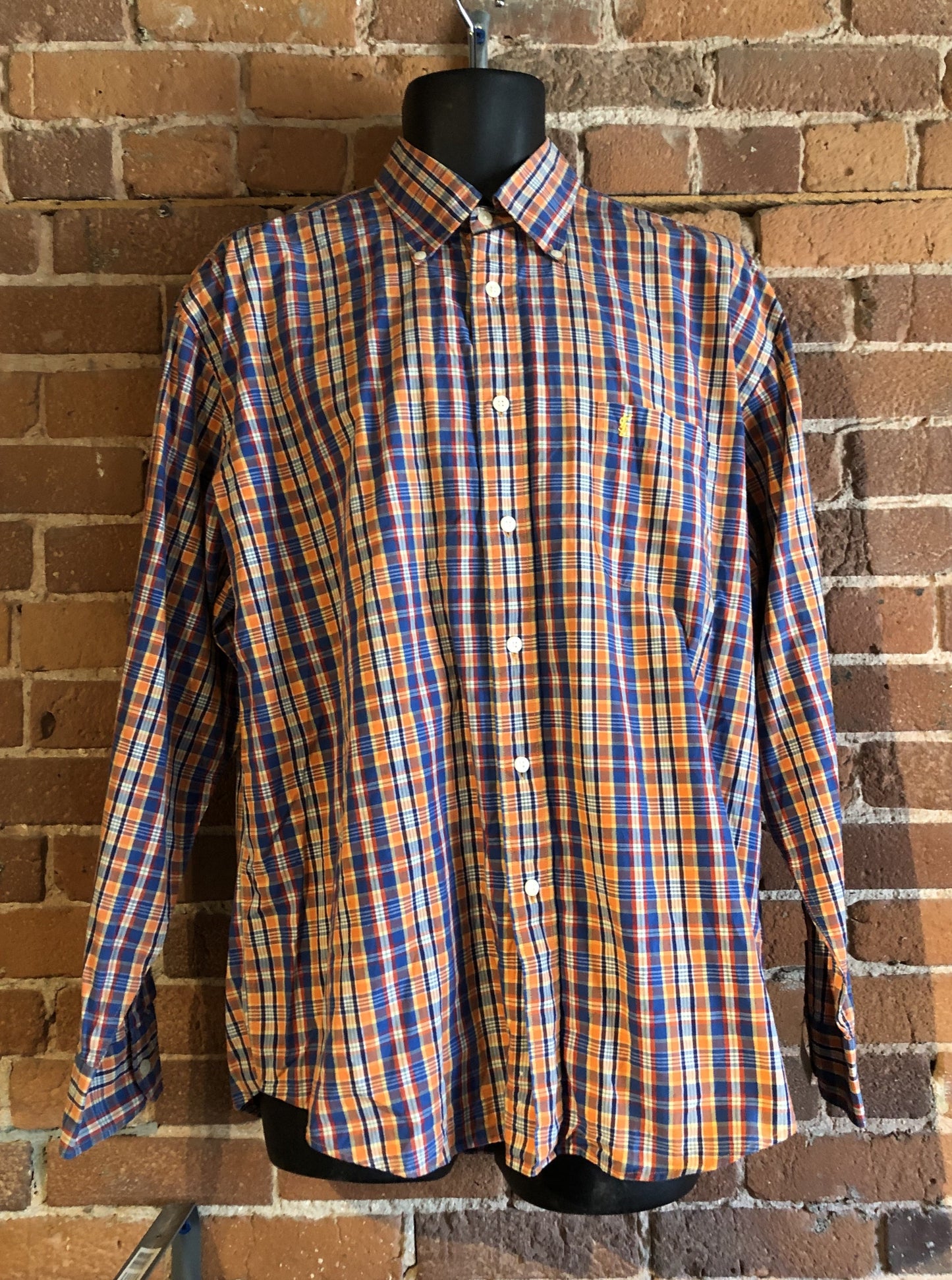 Kingspier Vintage - Yves St Laurent blue, orange yellow, green, white and red plaid button up shirt. 100% cotton with a small YSL logo on the chest. Size large mens.