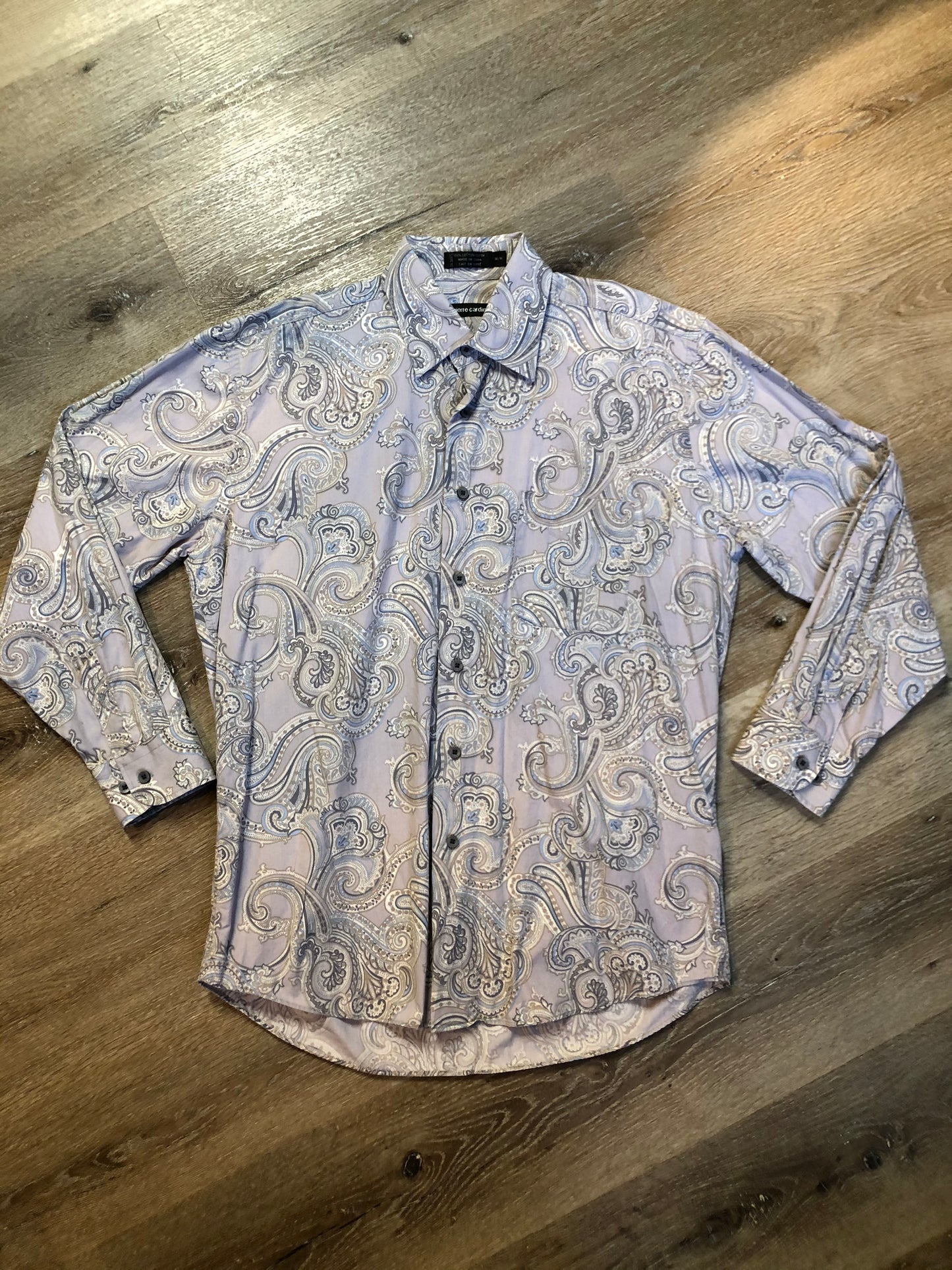 Kingspier Vintage - Pierre Cardin grey, blue and beige paisley button up shirt. 100% cotton. Size medium mens.