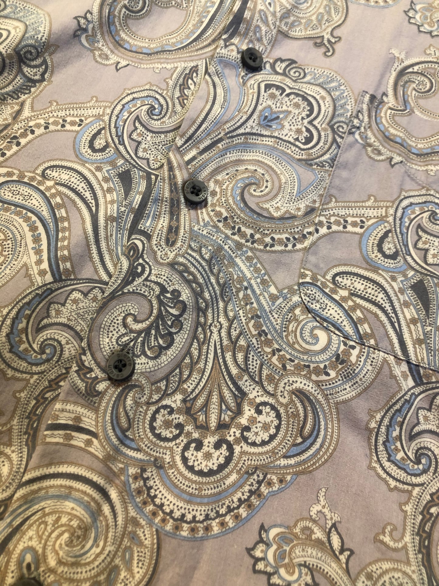 Kingspier Vintage - Pierre Cardin grey, blue and beige paisley button up shirt. 100% cotton. Size medium mens.