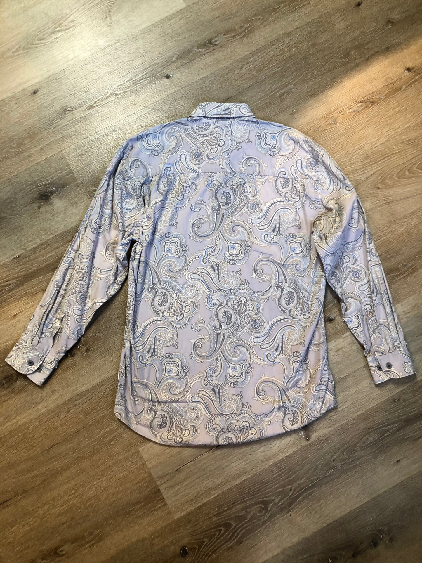 Kingspier Vintage - Pierre Cardin grey, blue and beige paisley button up shirt. 100% cotton. Size medium mens.