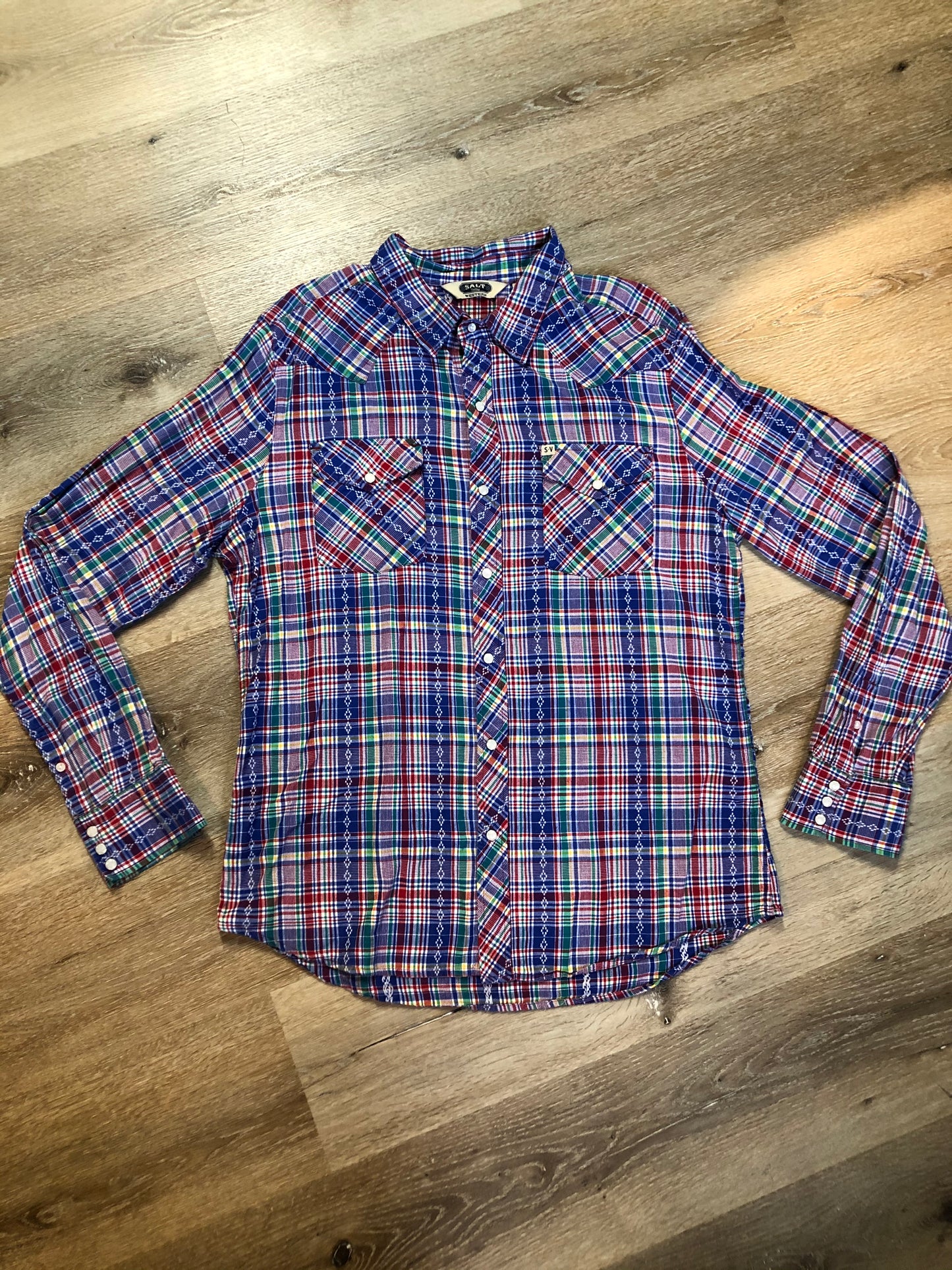 Kingspier Vintage - Salt Valley western style button up shirt with snap closures in blue, red, green and yellow plaid. Size XL mens.