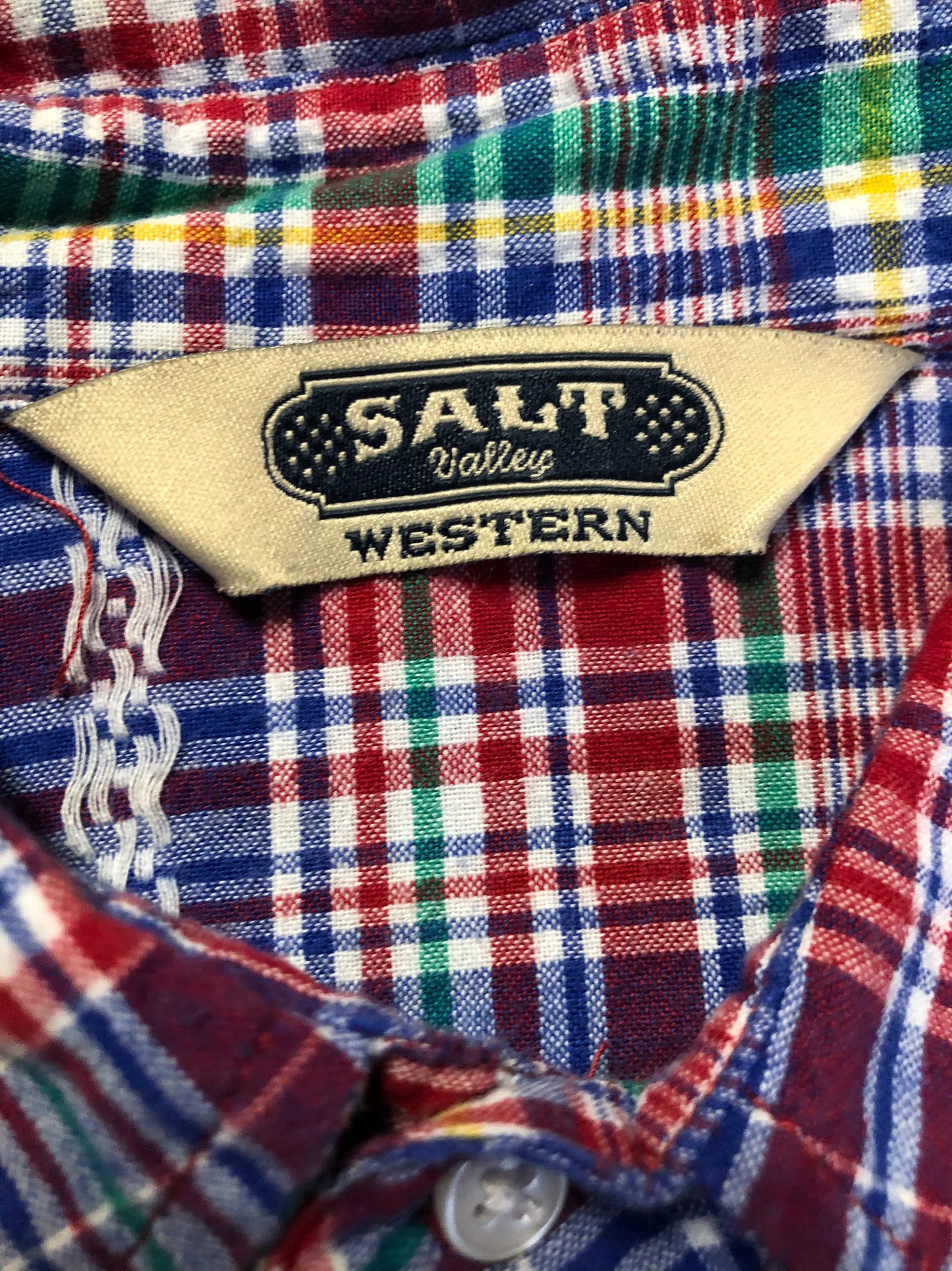 Kingspier Vintage - Salt Valley western style button up shirt with snap closures in blue, red, green and yellow plaid. Size XL mens.