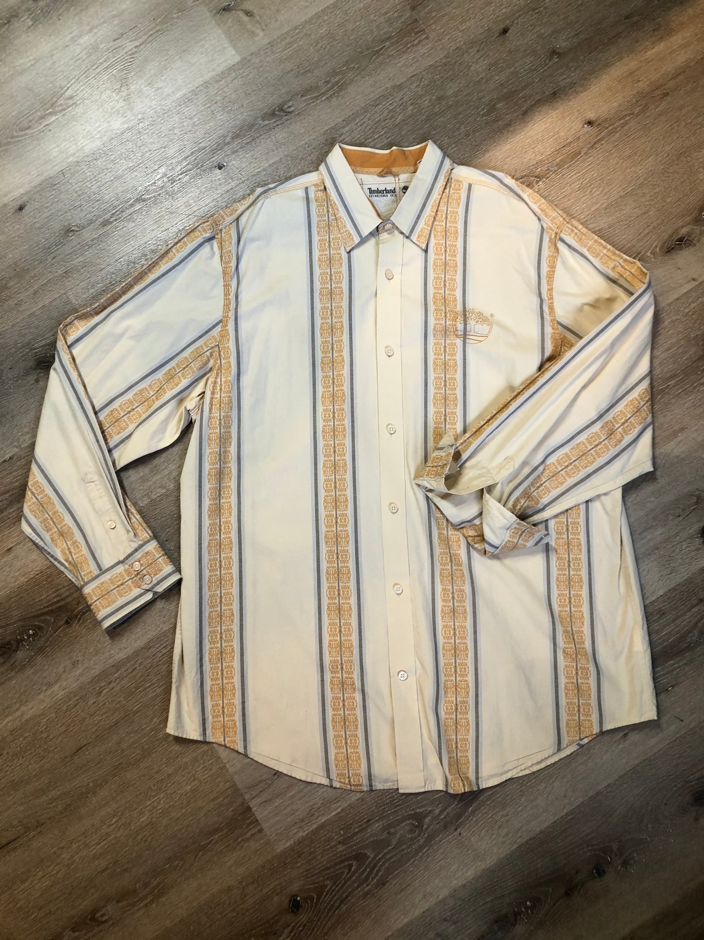 Kingspier Vintage - Timberland button up cotton shirt with beige design. Size XXXL mens.