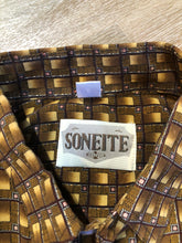 Load image into Gallery viewer, Kingspier Vintage - Vintage Soneite short sleeve button up shirt with brown and beige design. 100% silk. Size large mens. 

