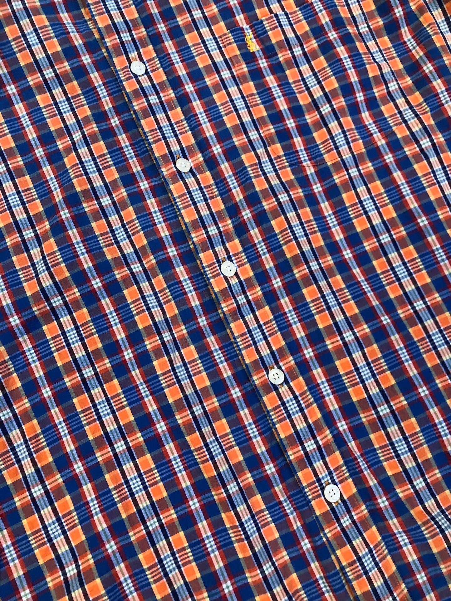 Kingspier Vintage - Yves St Laurent blue, orange yellow, green, white and red plaid button up shirt. 100% cotton with a small YSL logo on the chest. Size large mens.