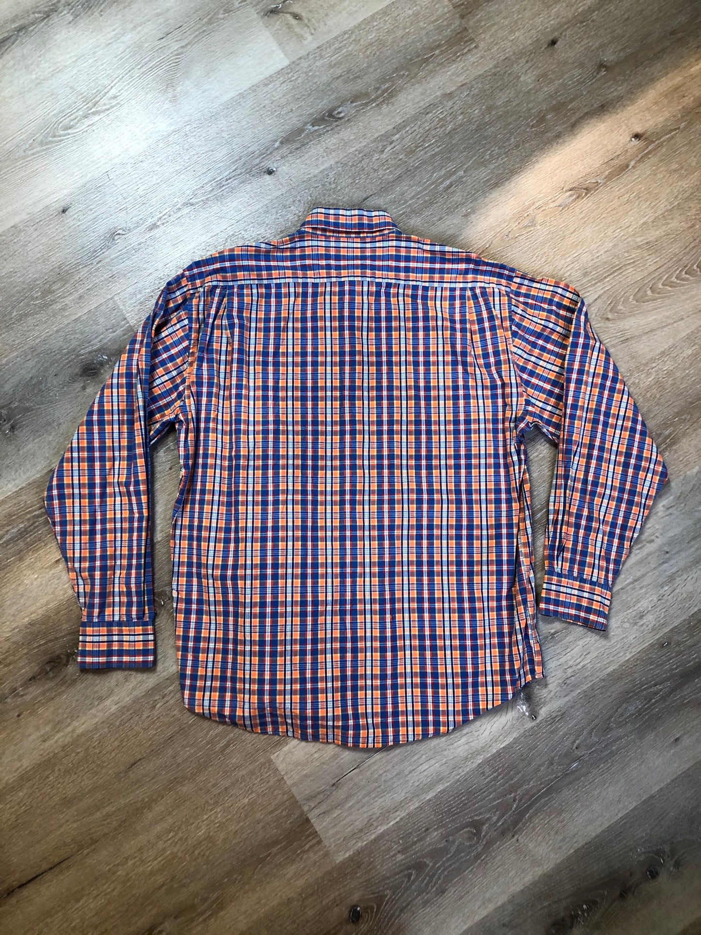 Kingspier Vintage - Yves St Laurent blue, orange yellow, green, white and red plaid button up shirt. 100% cotton with a small YSL logo on the chest. Size large mens.