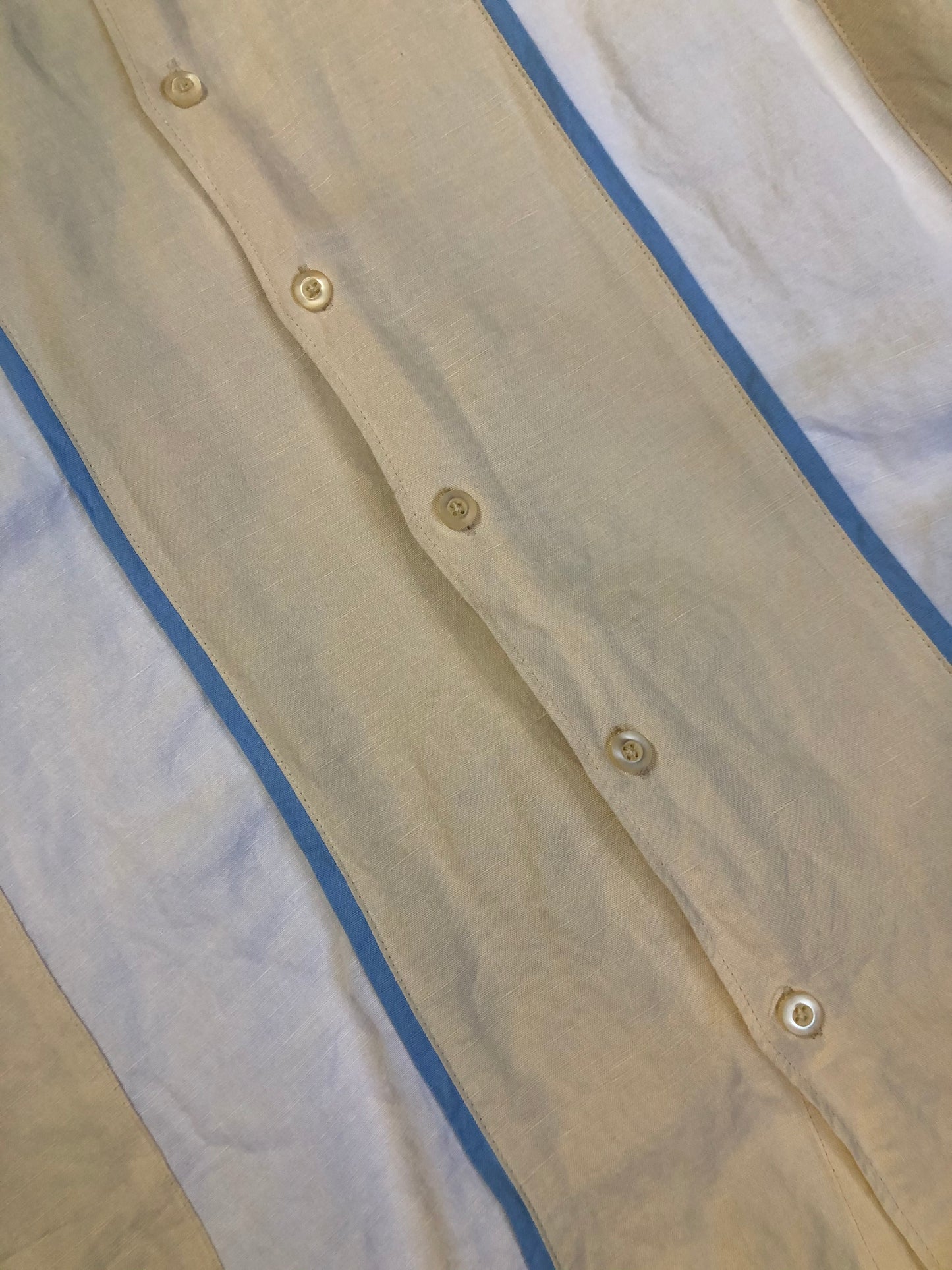 Kingspier Vintage - Cubavera Bridge white and blue short sleeve bowling shirt. Linen blend. Size medium mens.