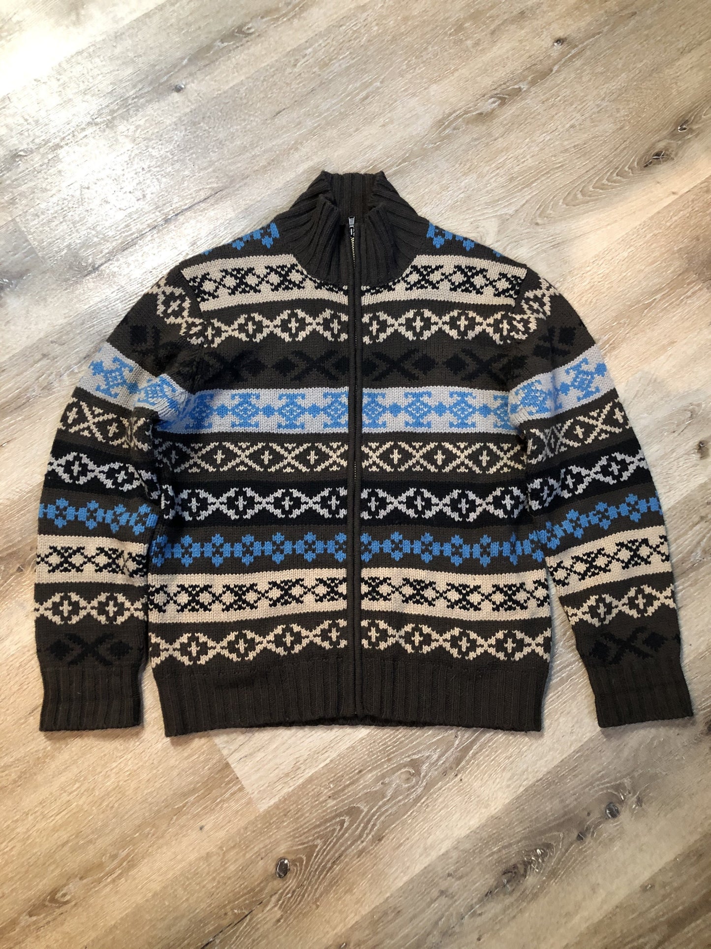 Kingspier Vintage - Cottonfield 80% lambswool blend zip cardigan with brown, beige, blue and black design. Size XL.